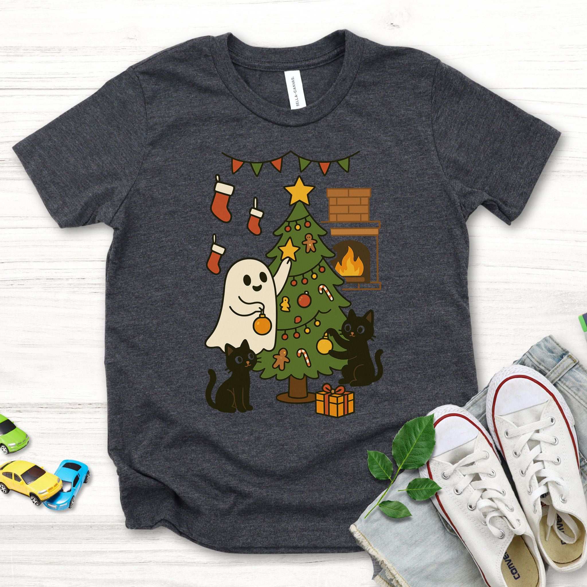 Ghost & Black Cats Christmas Youth Tee – Haunted Holiday Tree Decorating