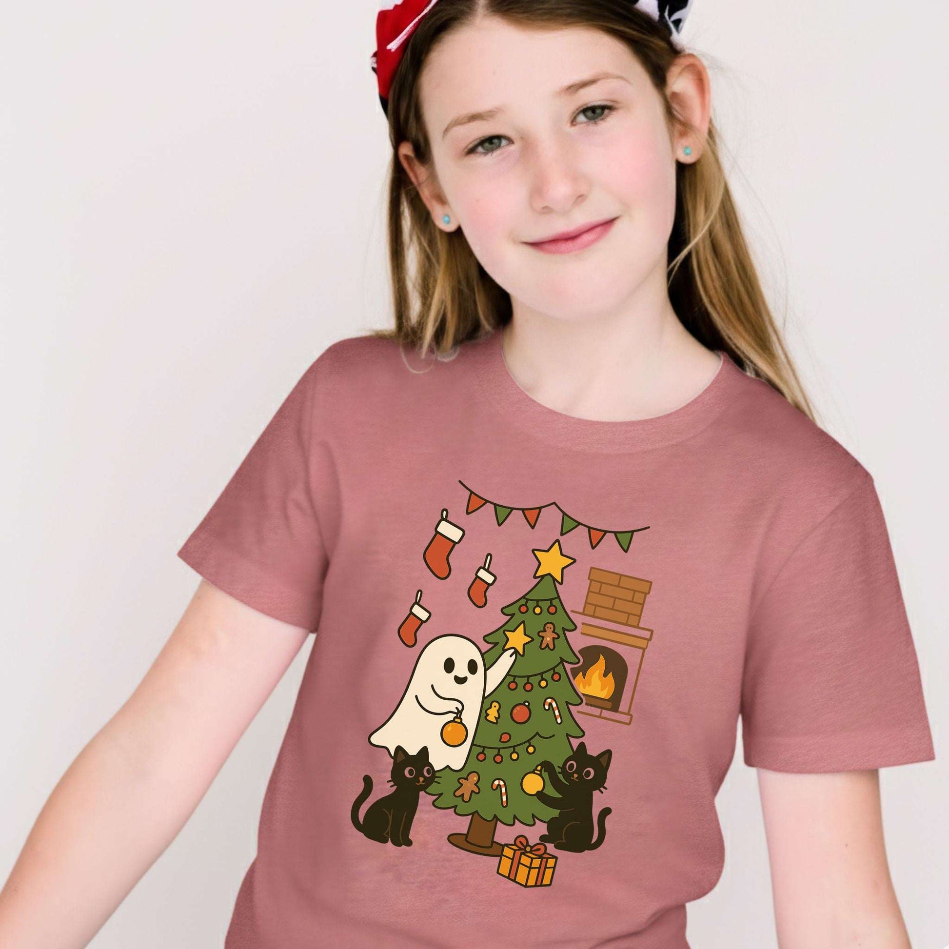 Ghost & Black Cats Christmas Youth Tee – Haunted Holiday Tree Decorating