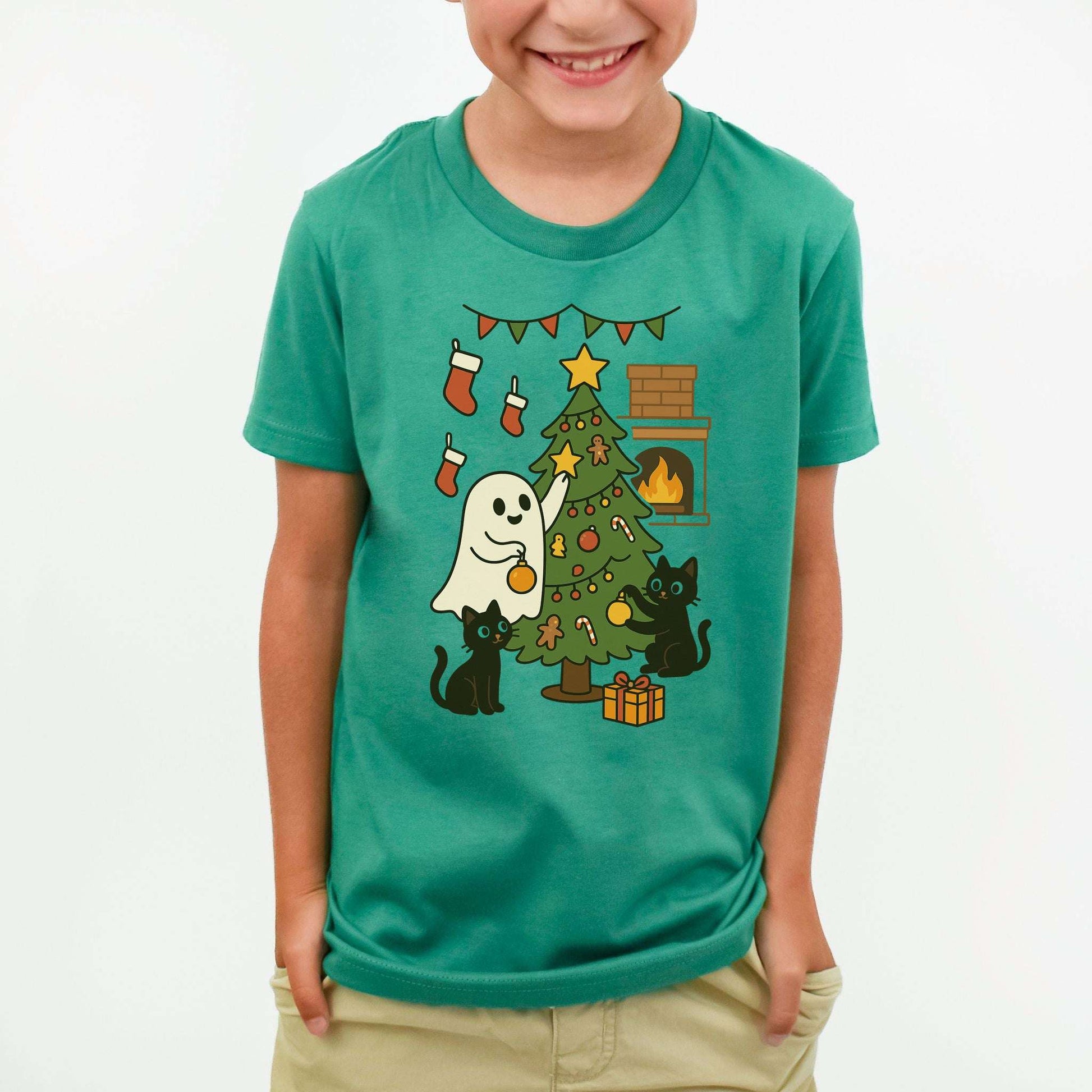 Ghost & Black Cats Christmas Youth Tee – Haunted Holiday Tree Decorating