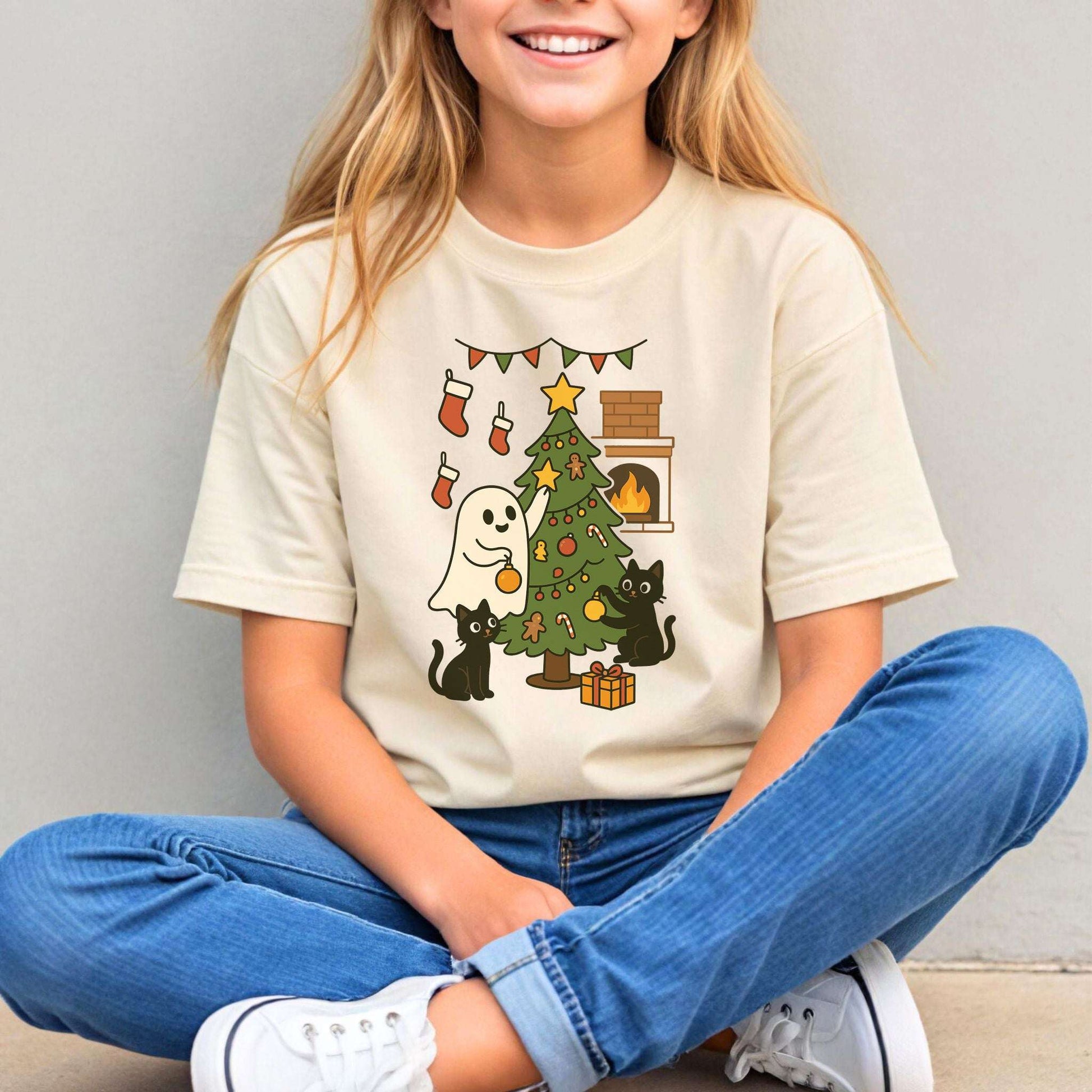 Ghost & Black Cats Christmas Youth Tee – Haunted Holiday Tree Decorating