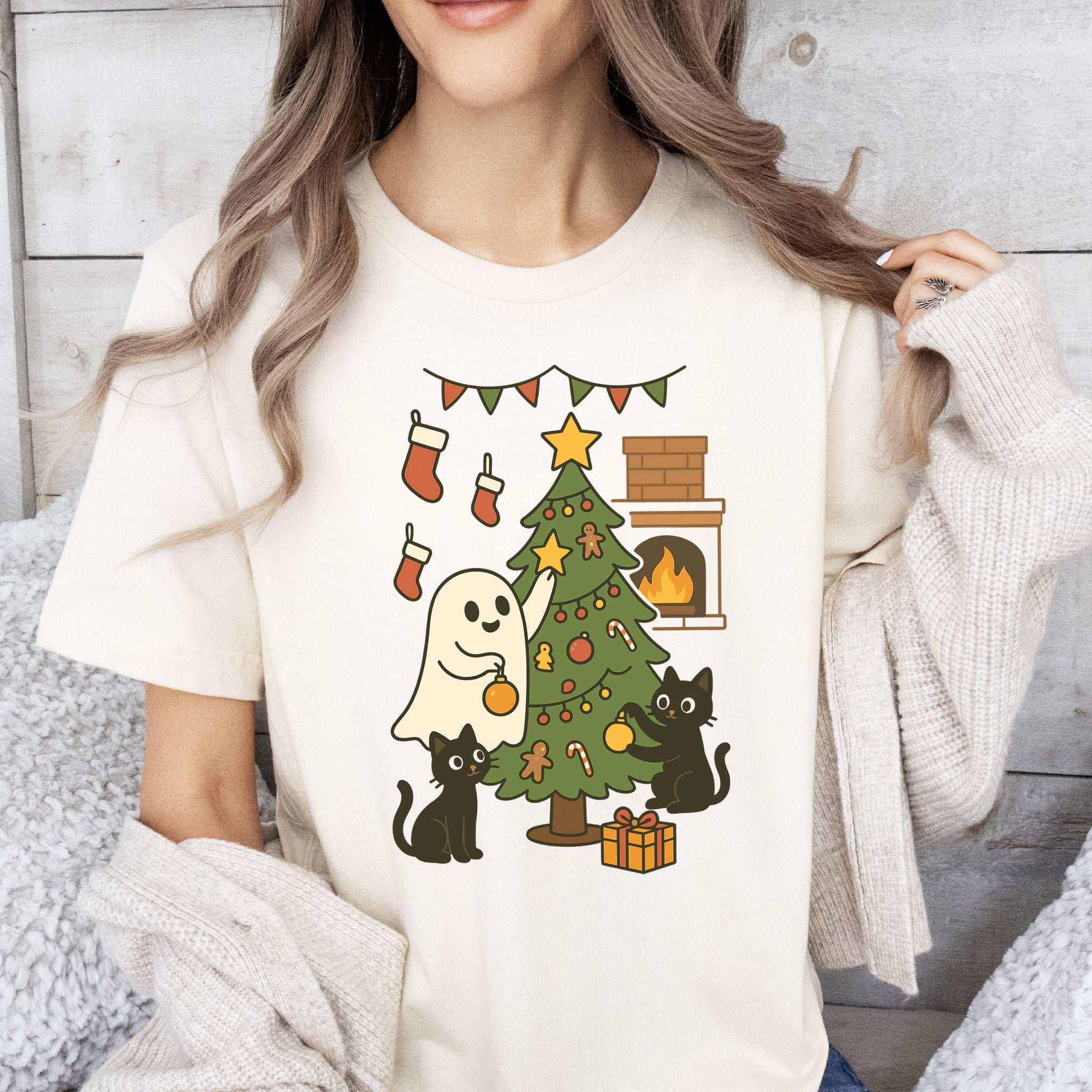 Ghost & Black Cats Christmas T-Shirt – Haunted Holiday Tree Decorating Tee