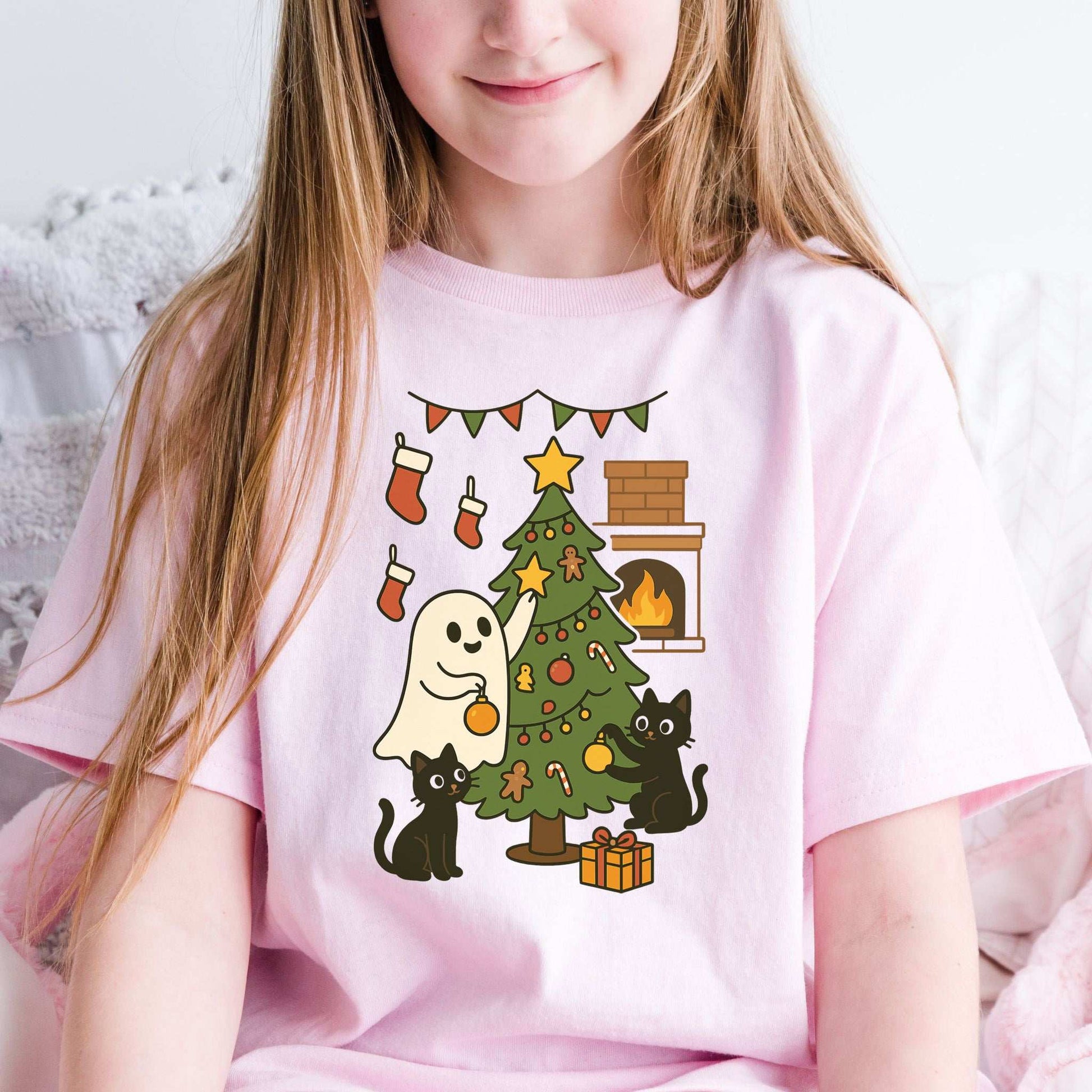 Ghost & Black Cats Christmas Youth Tee – Haunted Holiday Tree Decorating
