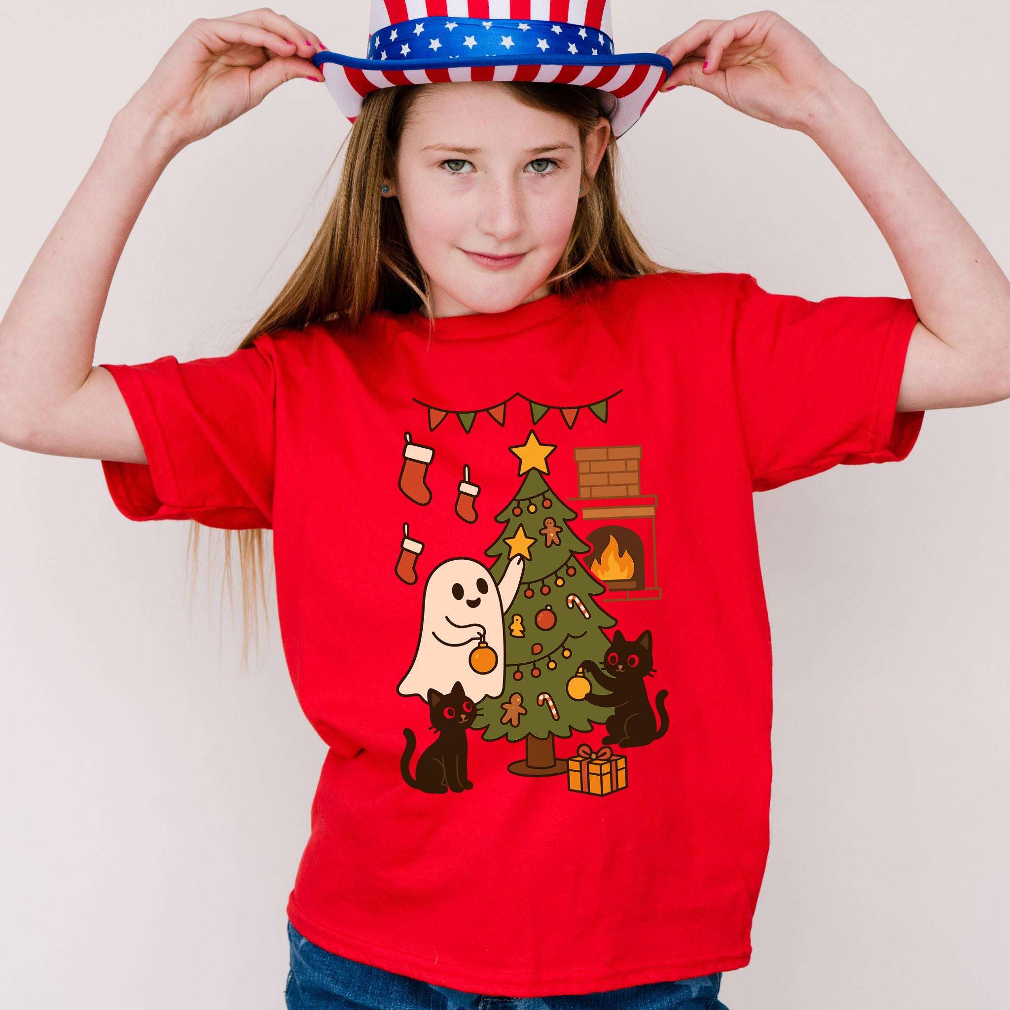 Ghost & Black Cats Christmas Youth Tee – Haunted Holiday Tree Decorating