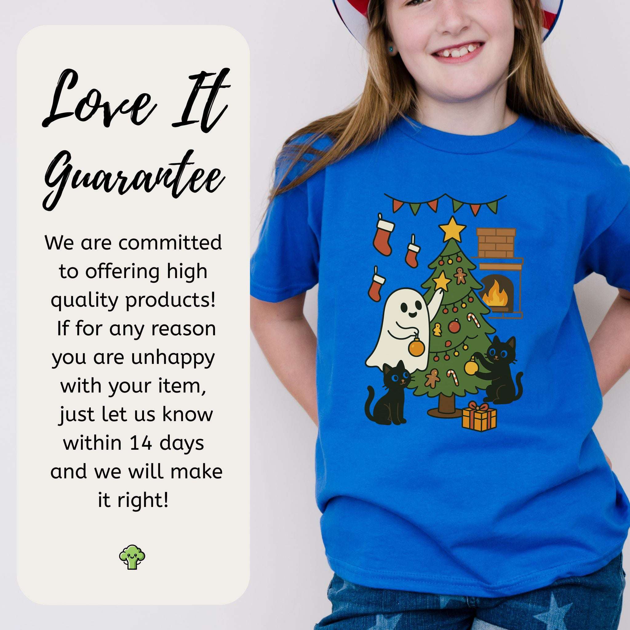 Ghost & Black Cats Christmas Youth Tee – Haunted Holiday Tree Decorating