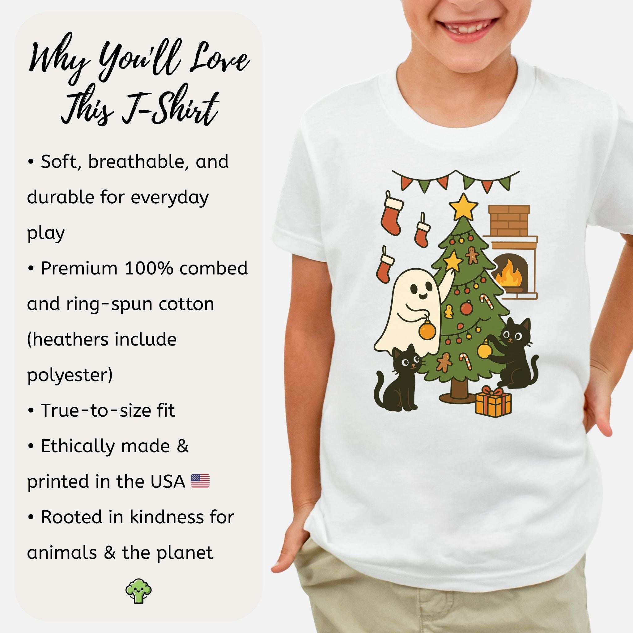 Ghost & Black Cats Christmas Youth Tee – Haunted Holiday Tree Decorating
