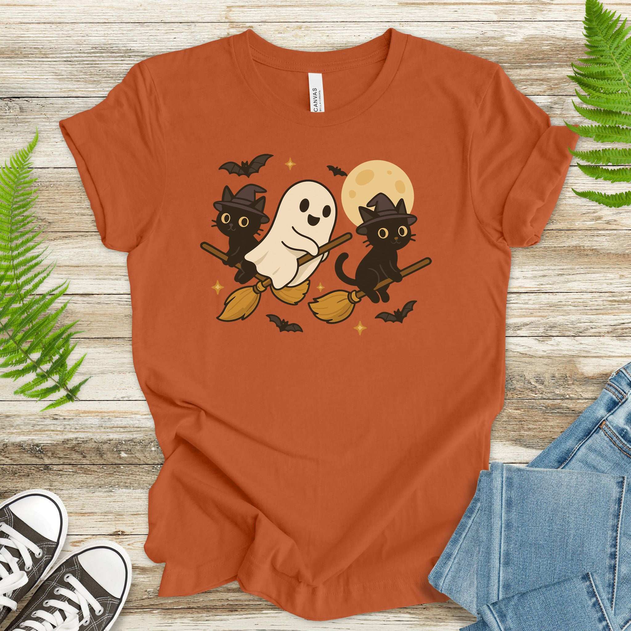 Witchy Ghost & Black Cats T-Shirt – Moonlit Broomstick Mischief Tee