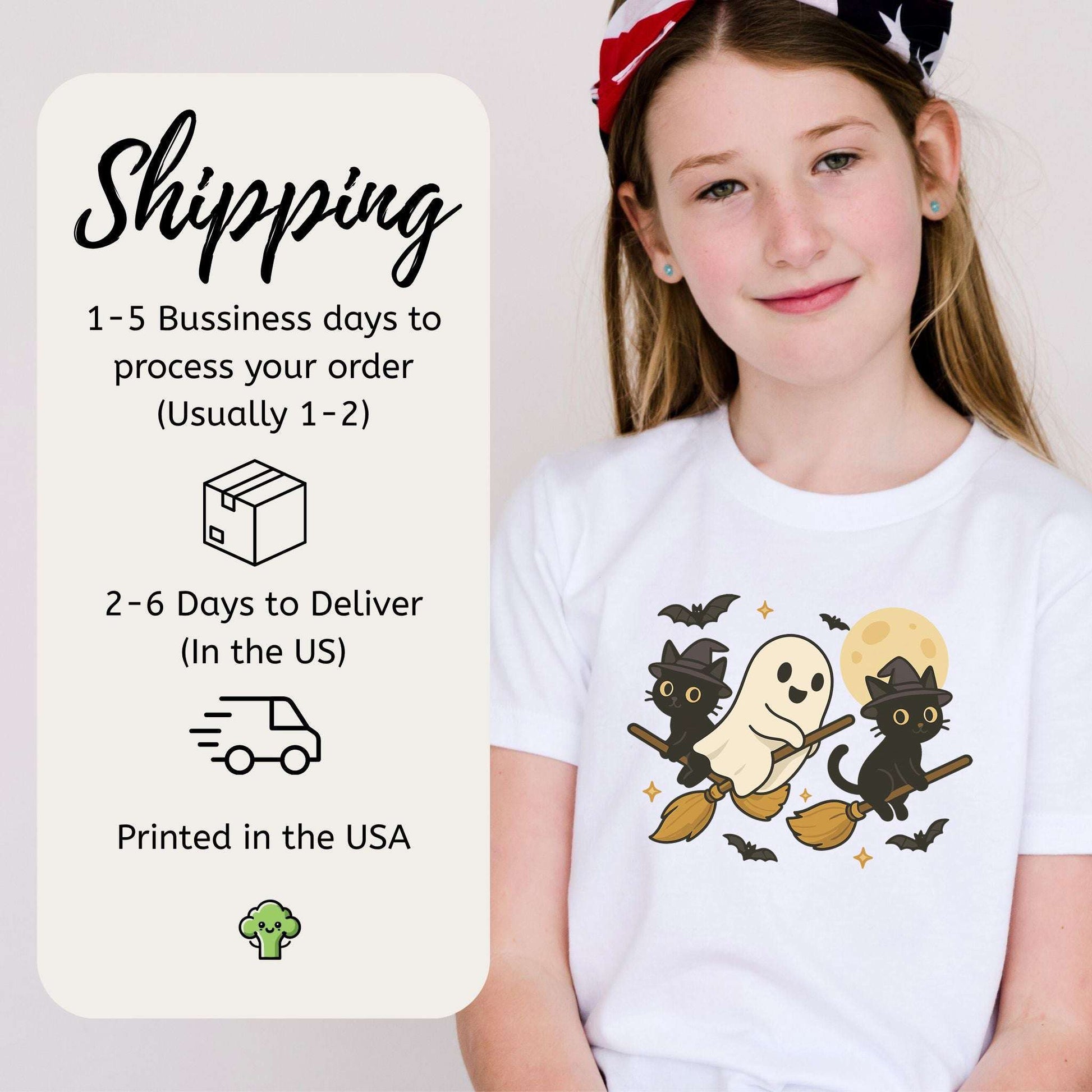 Witchy Ghost & Black Cats Youth Tee – Moonlit Broomstick Mischief Shirt