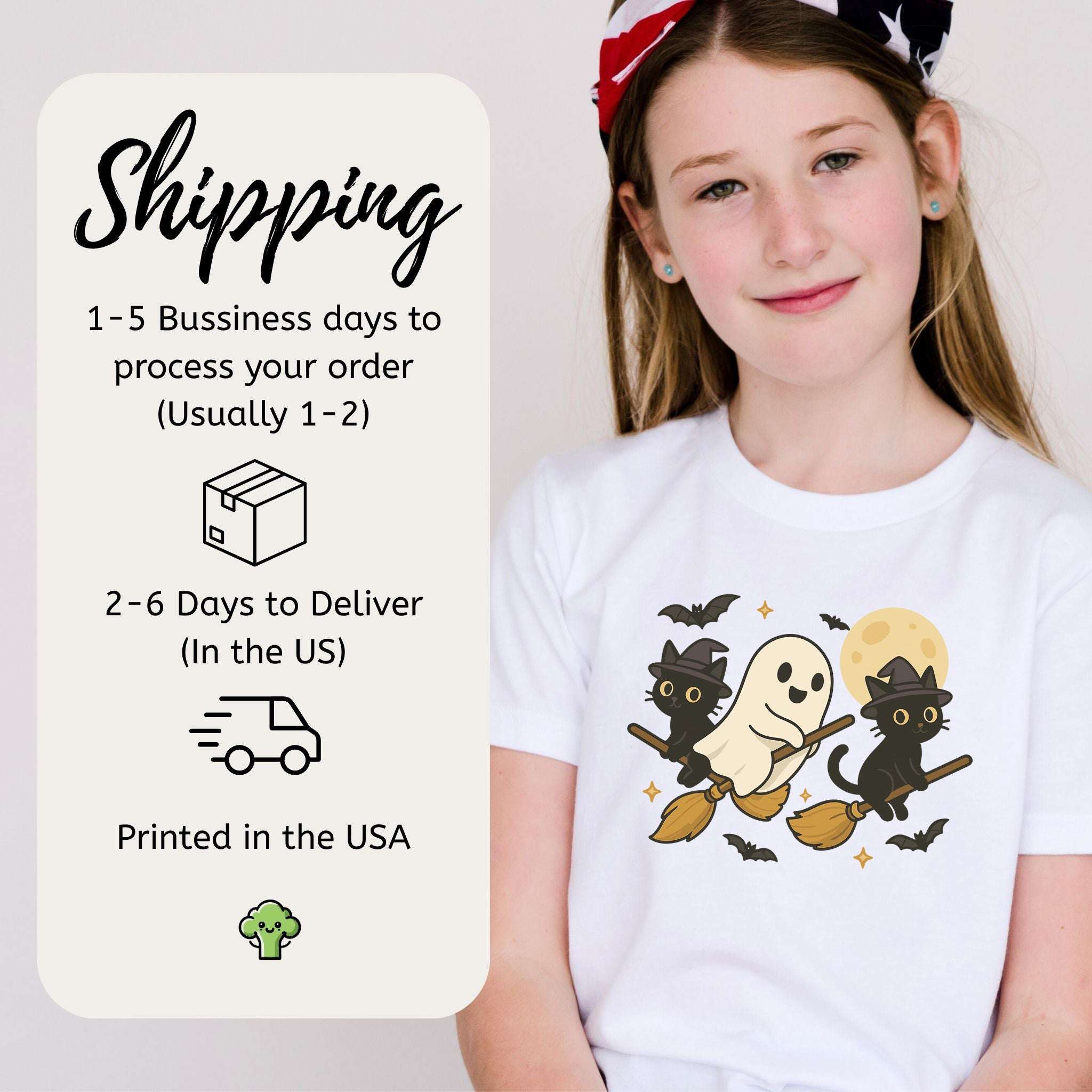 Witchy Ghost & Black Cats Youth Tee – Moonlit Broomstick Mischief Shirt