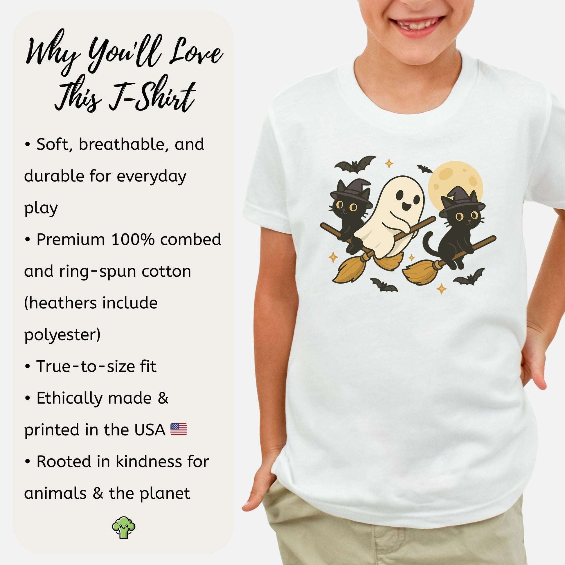 Witchy Ghost & Black Cats Youth Tee – Moonlit Broomstick Mischief Shirt