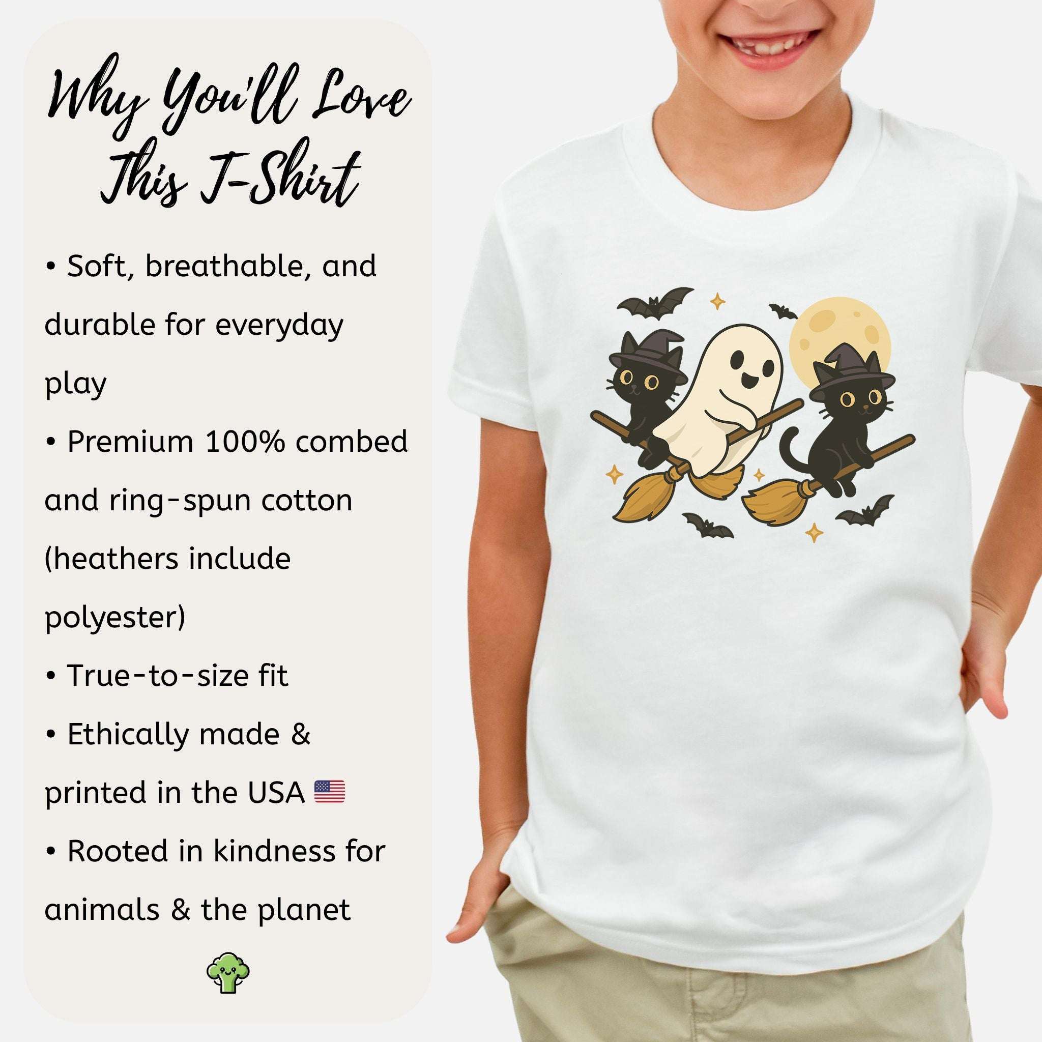 Witchy Ghost & Black Cats Youth Tee – Moonlit Broomstick Mischief Shirt