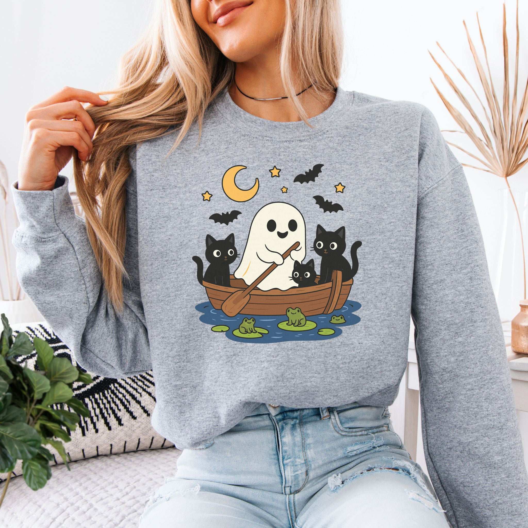 Haunted Lake Ghost & Cats Sweatshirt – Spooky Frogs & Moonlight Rowboat Vibes