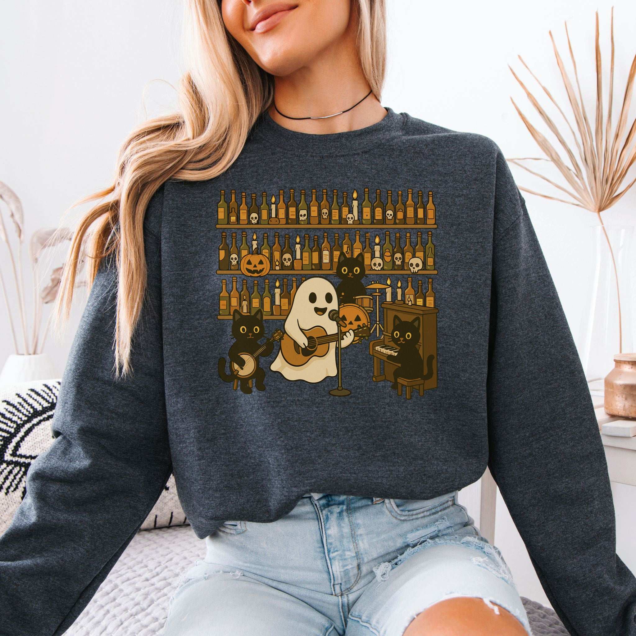 Ghost & Black Cat Band Sweatshirt – Spooky Country Bar Concert Vibes