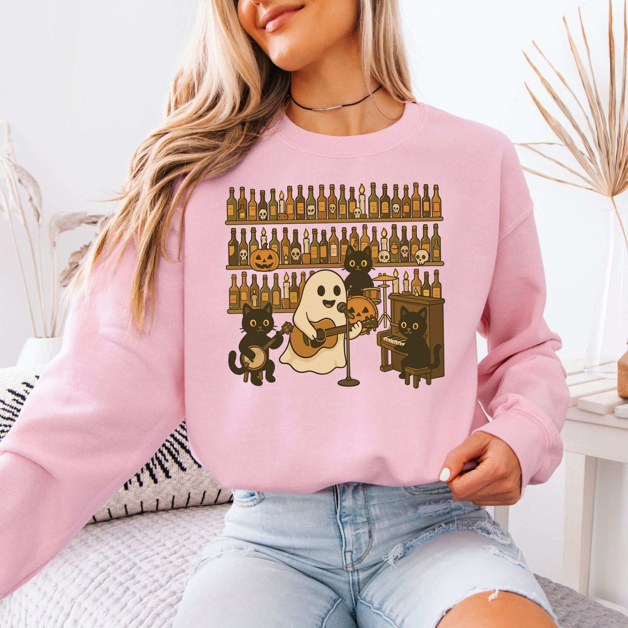 Ghost & Black Cat Band Sweatshirt – Spooky Country Bar Concert Vibes