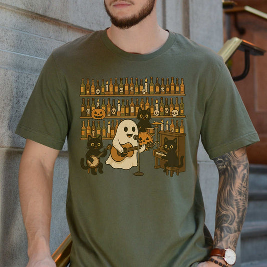 Ghost & Black Cat Band T-Shirt – Spooky Country Bar Concert Tee