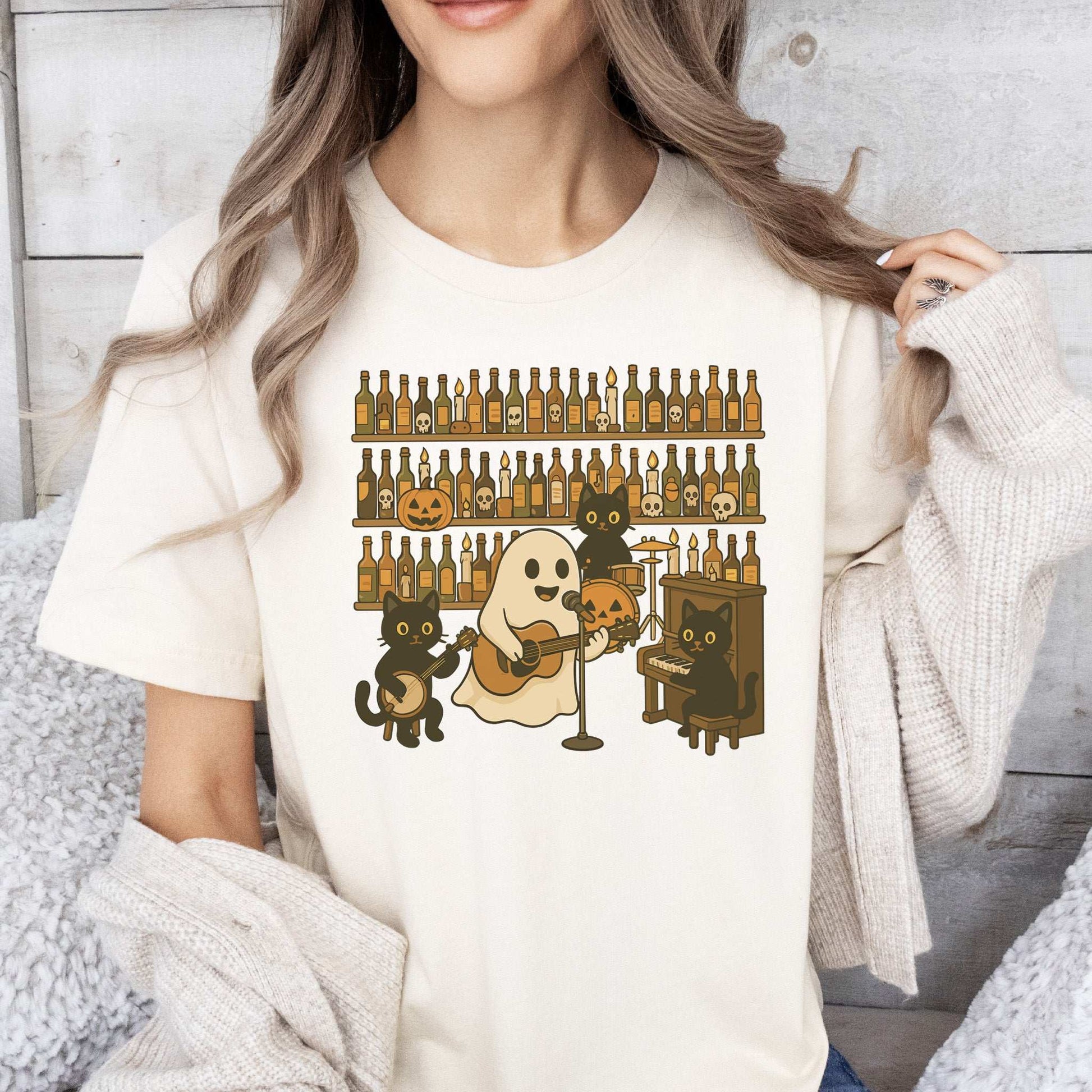 Ghost & Black Cat Band T-Shirt – Spooky Country Bar Concert Tee