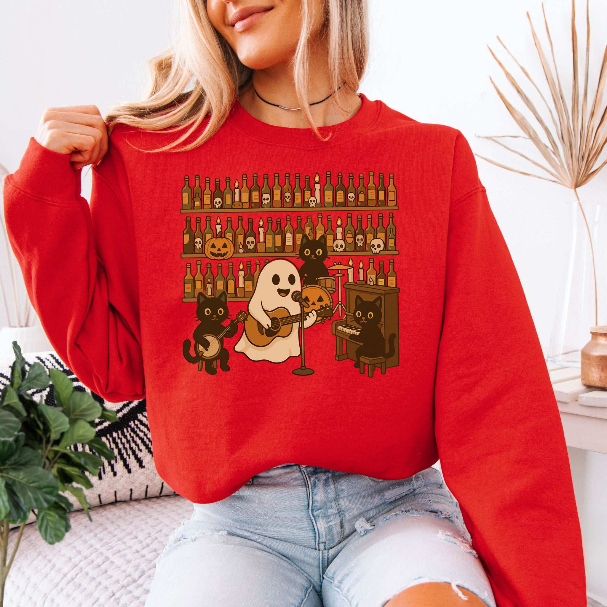 Ghost & Black Cat Band Sweatshirt – Spooky Country Bar Concert Vibes
