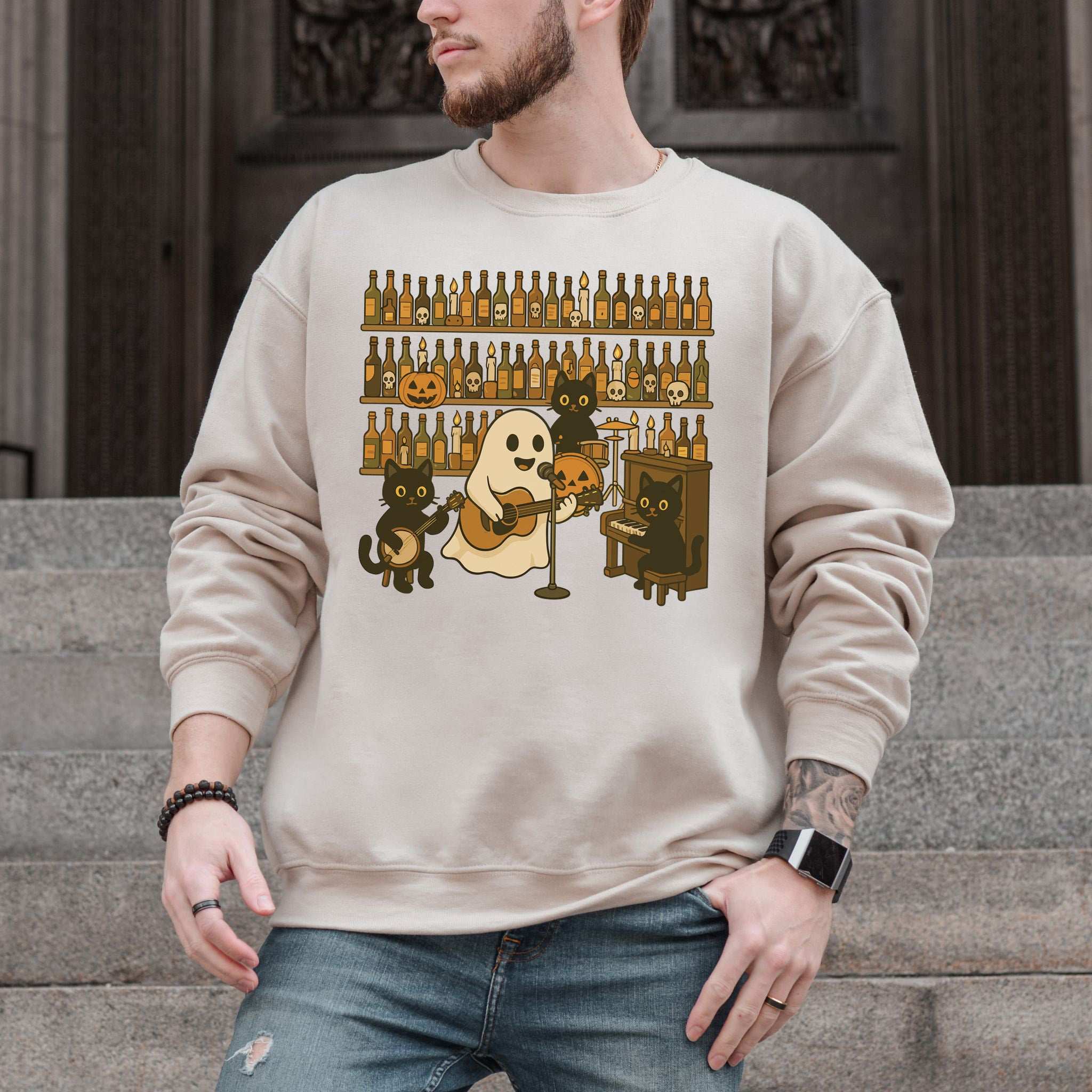 Ghost & Black Cat Band Sweatshirt – Spooky Country Bar Concert Vibes