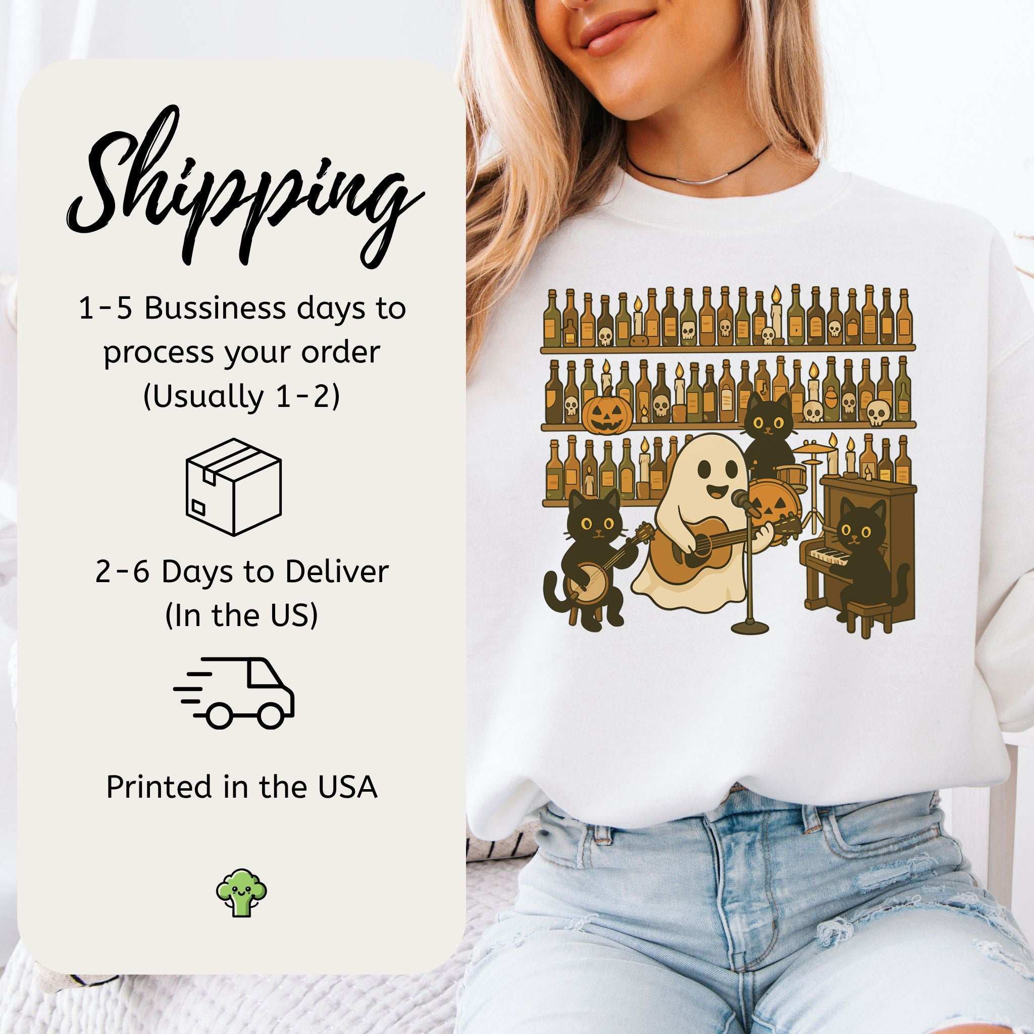 Ghost & Black Cat Band Sweatshirt – Spooky Country Bar Concert Vibes