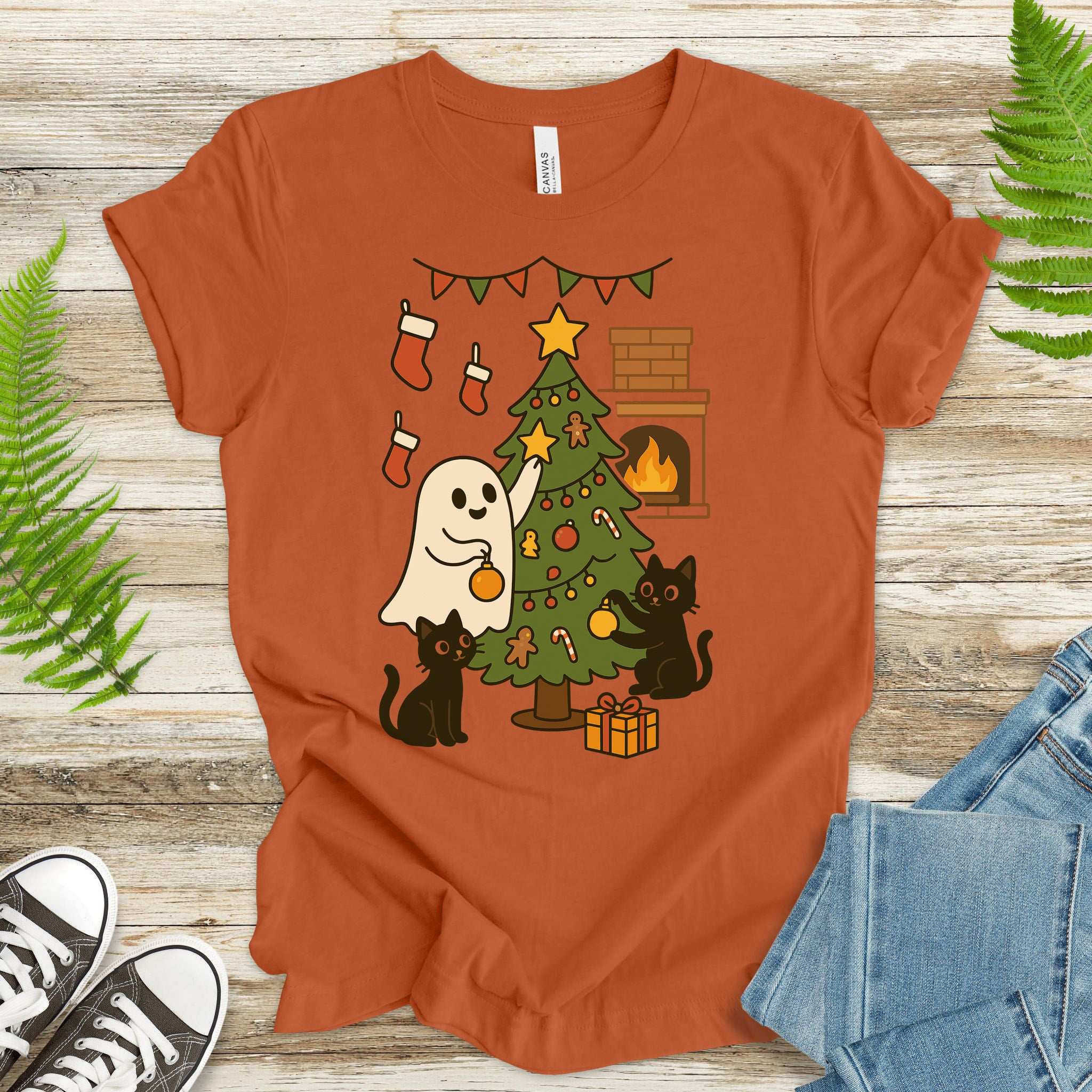 Ghost & Black Cats Christmas T-Shirt – Haunted Holiday Tree Decorating Tee
