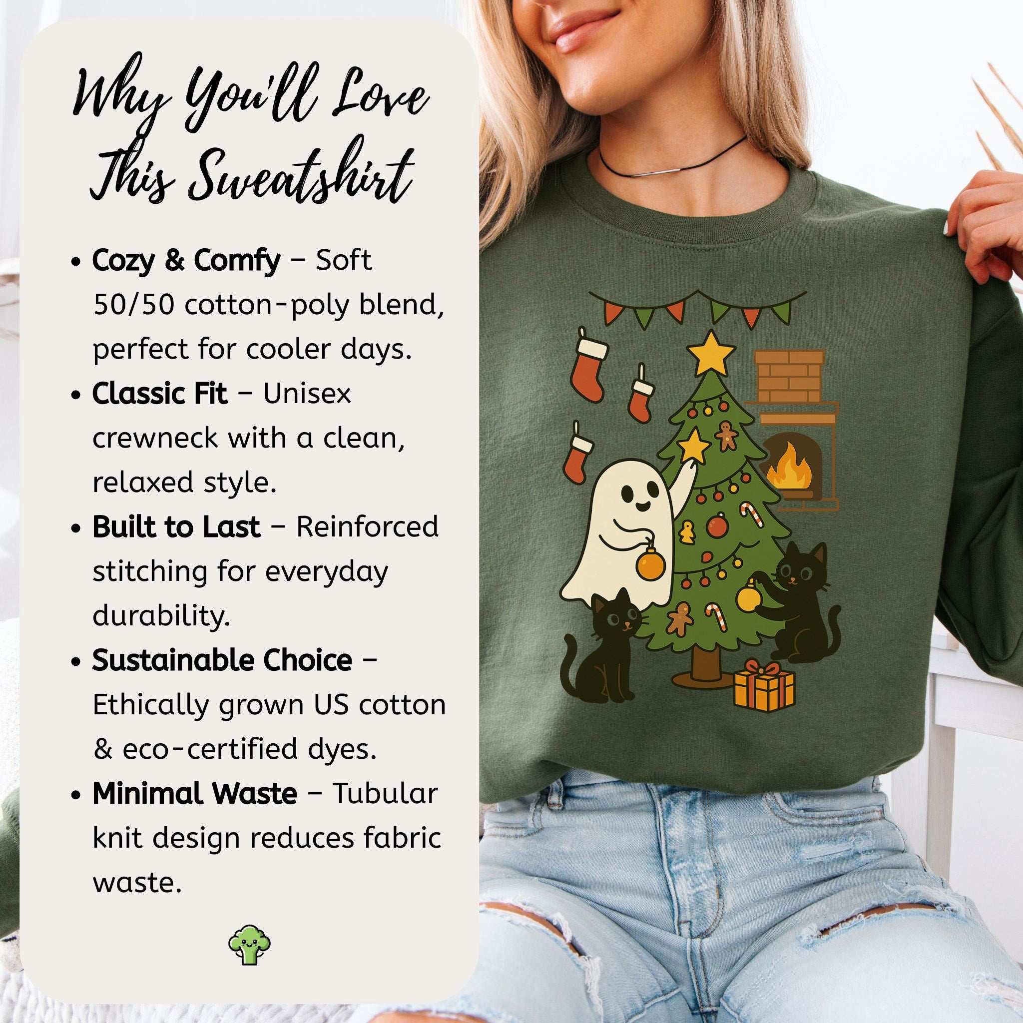 Ghost & Black Cats Christmas Sweatshirt – Haunted Holiday Tree Magic Vibes