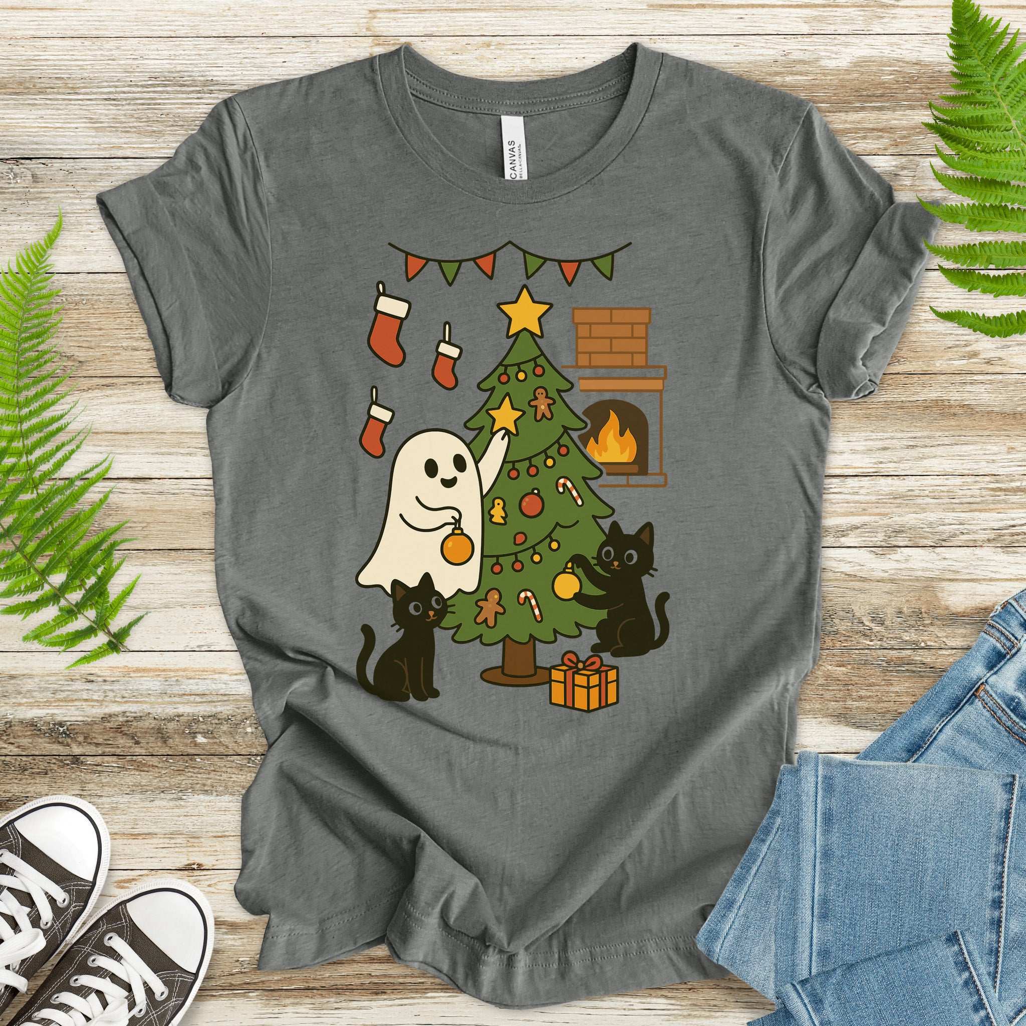 Ghost & Black Cats Christmas T-Shirt – Haunted Holiday Tree Decorating Tee