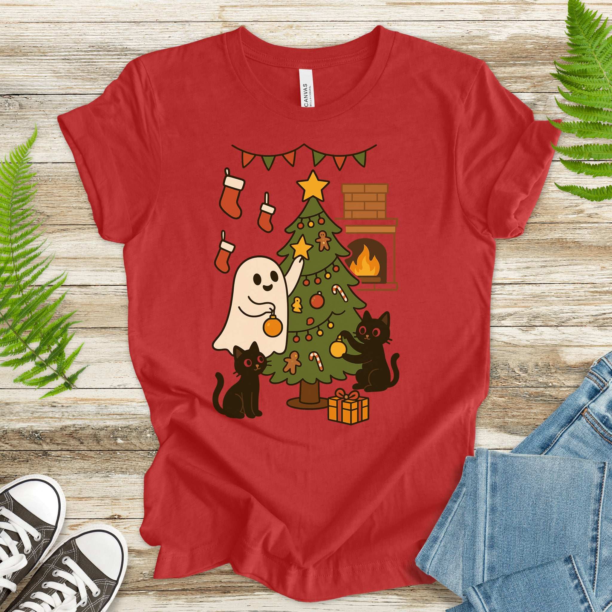 Ghost & Black Cats Christmas T-Shirt – Haunted Holiday Tree Decorating Tee
