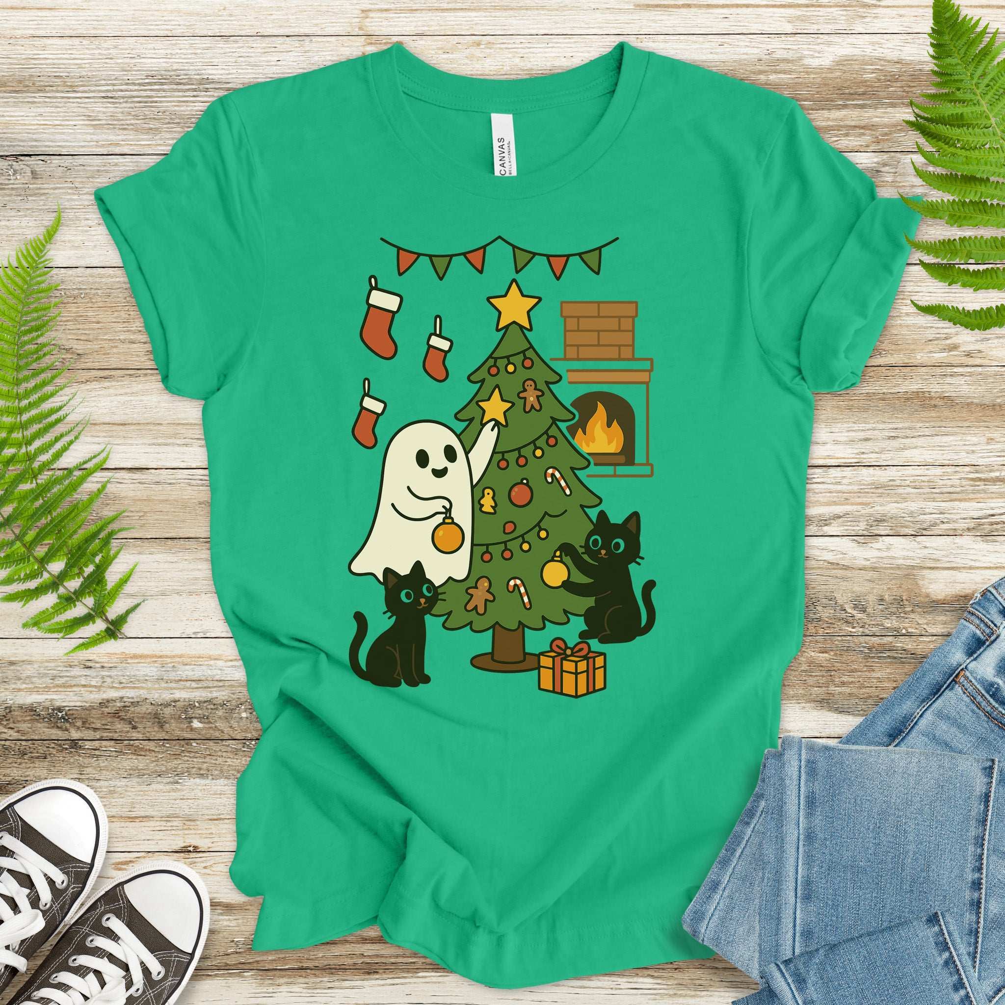 Ghost & Black Cats Christmas T-Shirt – Haunted Holiday Tree Decorating Tee