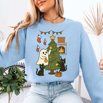 Ghost & Black Cats Christmas Sweatshirt – Haunted Holiday Tree Magic Vibes