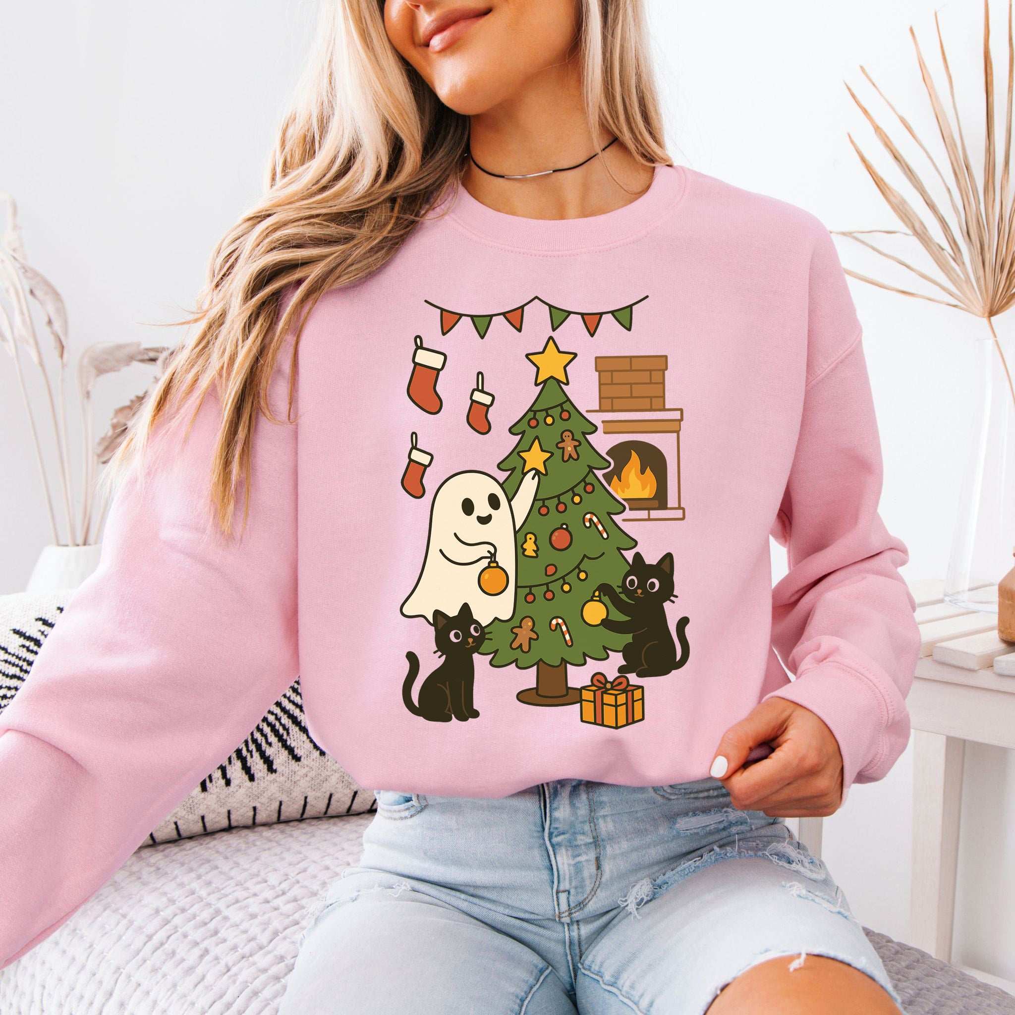 Ghost & Black Cats Christmas Sweatshirt – Haunted Holiday Tree Magic Vibes
