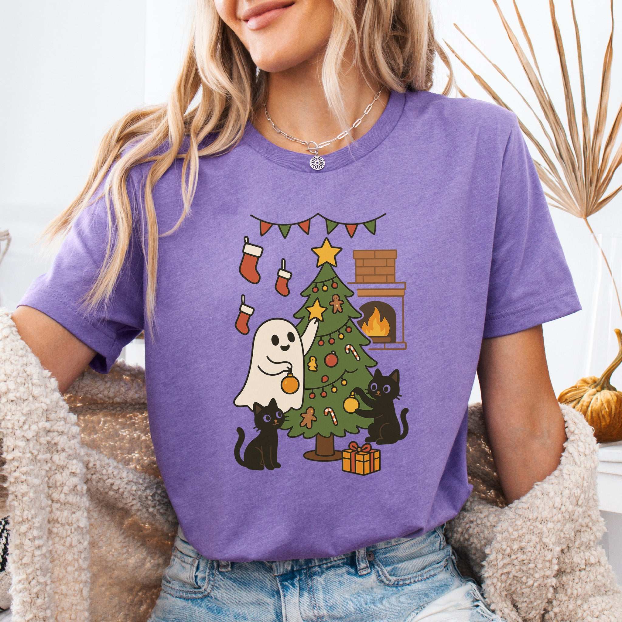 Ghost & Black Cats Christmas T-Shirt – Haunted Holiday Tree Decorating Tee