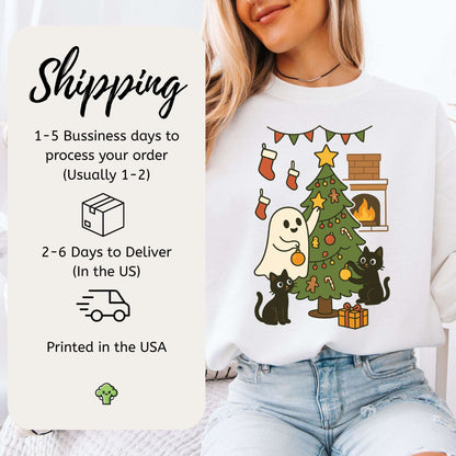 Ghost & Black Cats Christmas Sweatshirt – Haunted Holiday Tree Magic Vibes