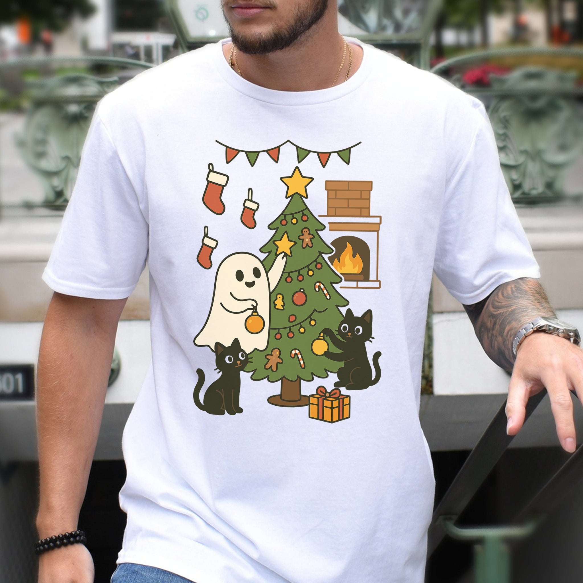 Ghost & Black Cats Christmas T-Shirt – Haunted Holiday Tree Decorating Tee
