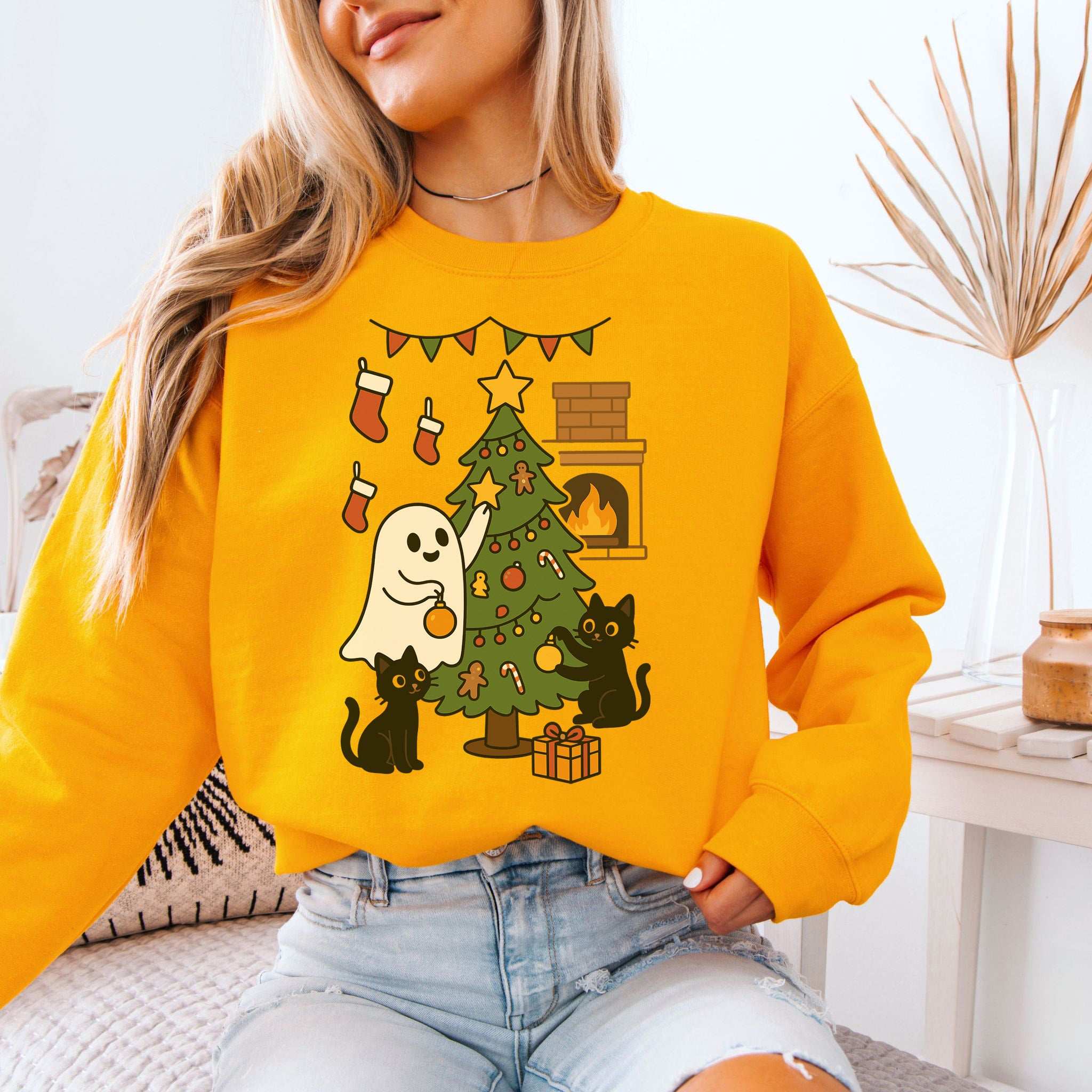 Ghost & Black Cats Christmas Sweatshirt – Haunted Holiday Tree Magic Vibes