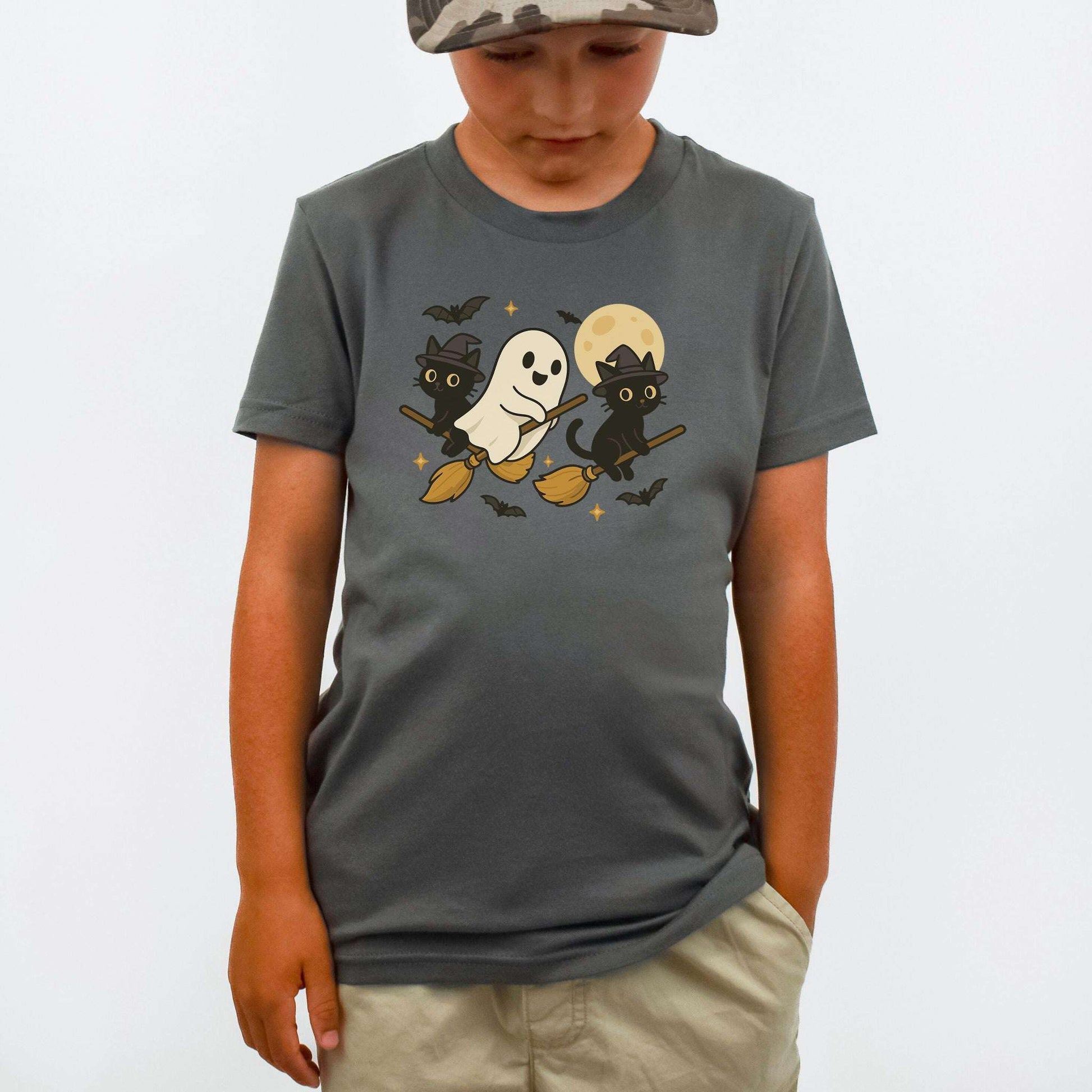 Witchy Ghost & Black Cats Youth Tee – Moonlit Broomstick Mischief Shirt