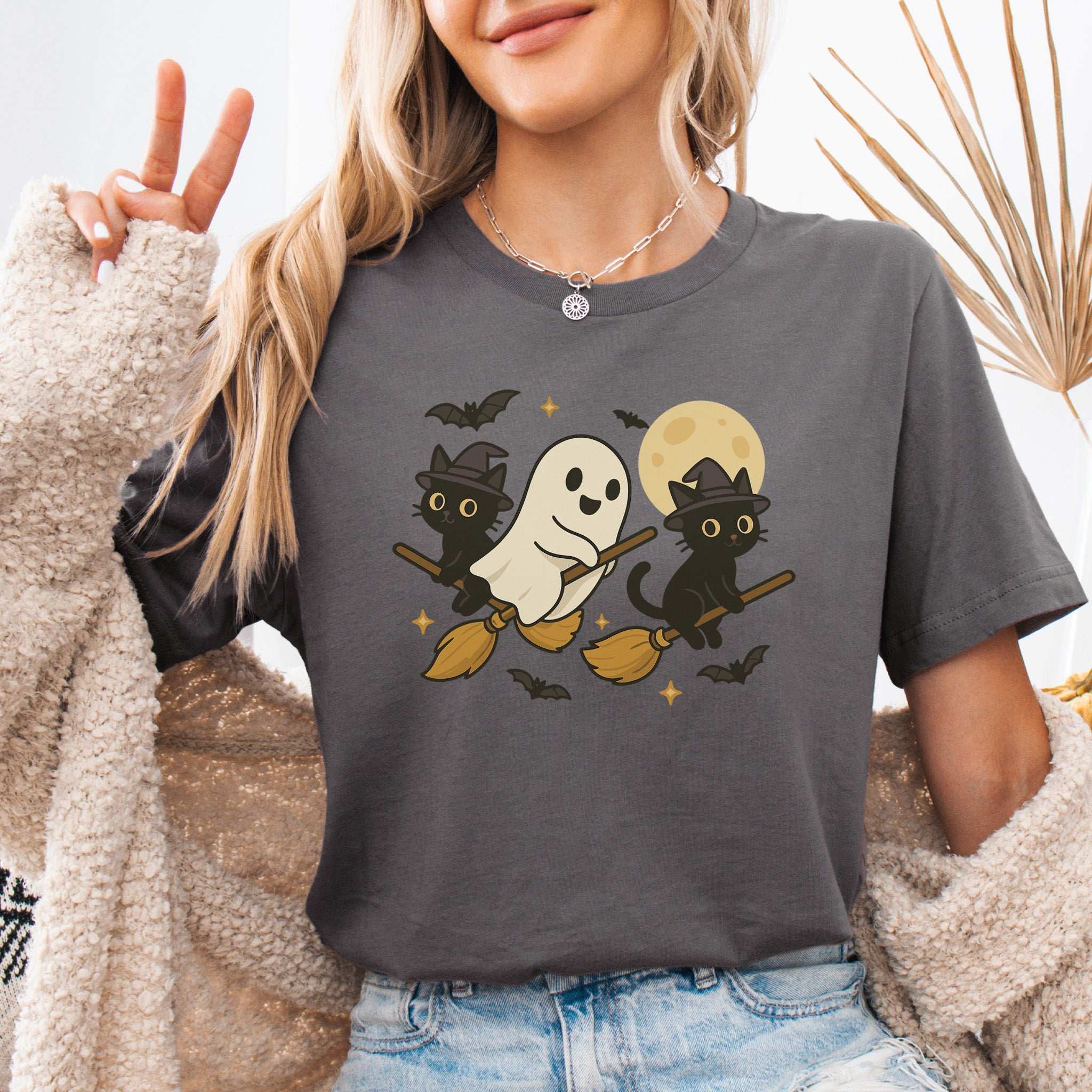 Witchy Ghost & Black Cats T-Shirt – Moonlit Broomstick Mischief Tee