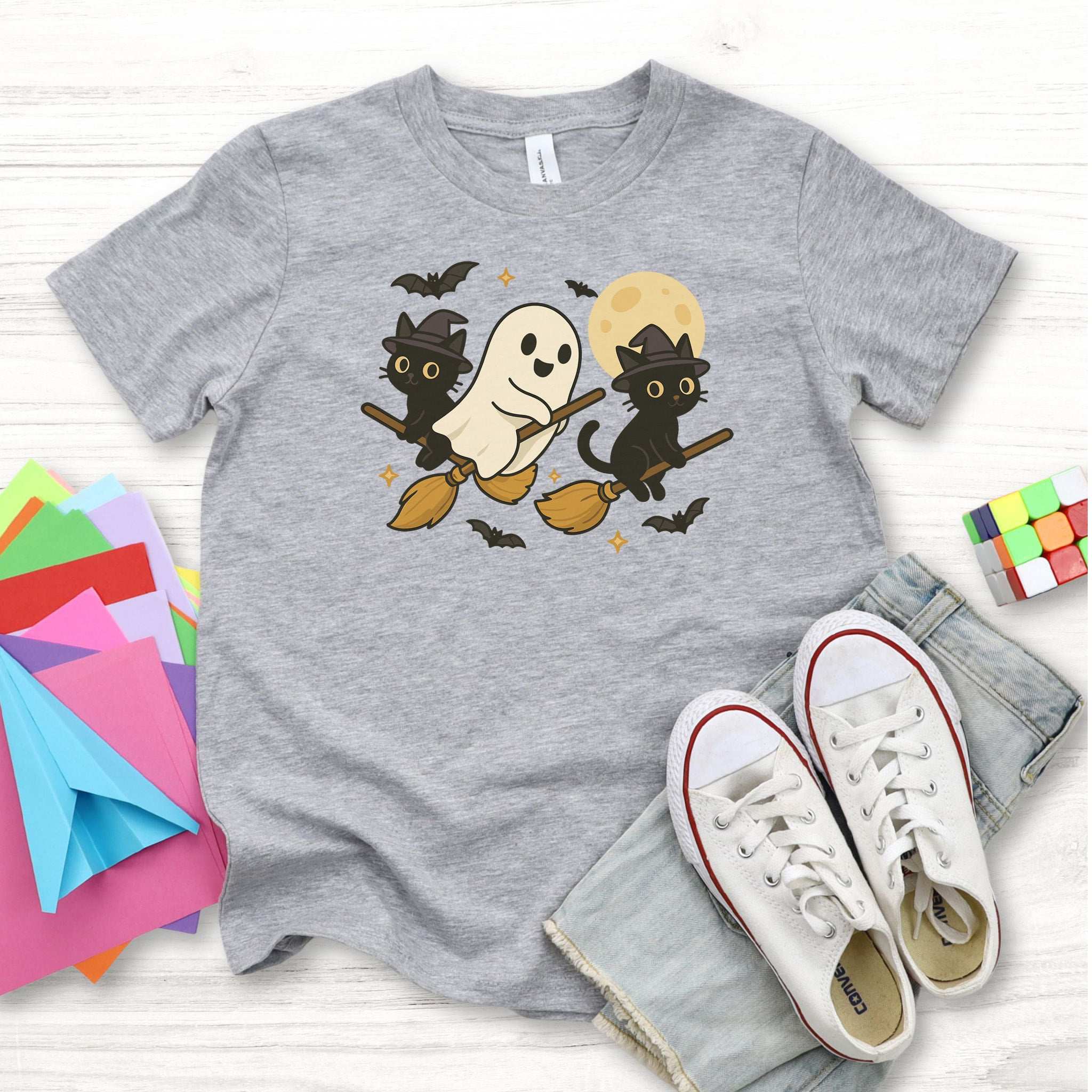 Witchy Ghost & Black Cats Youth Tee – Moonlit Broomstick Mischief Shirt