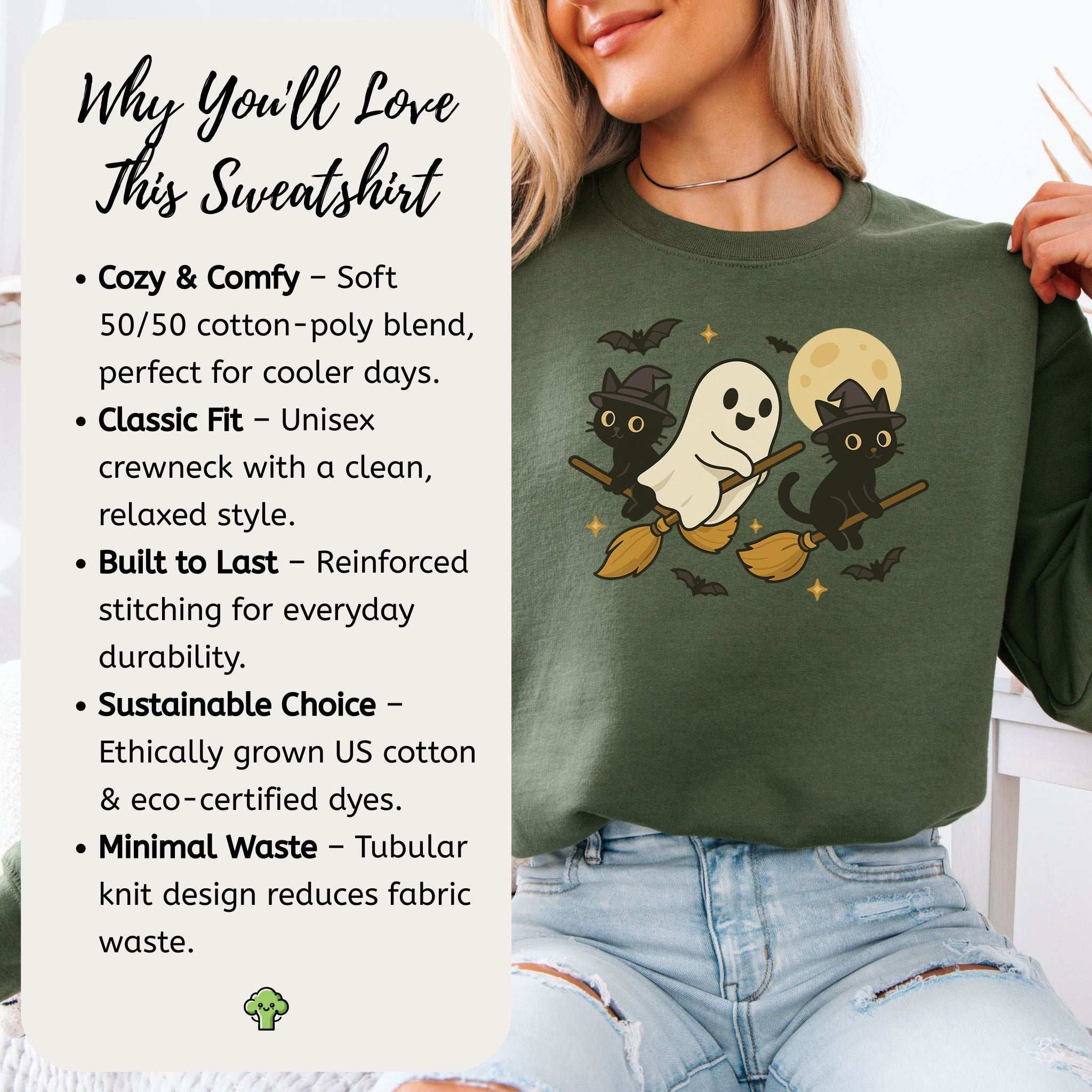 Witchy Ghost & Black Cats Sweatshirt – Moonlit Broomstick Mischief Vibes