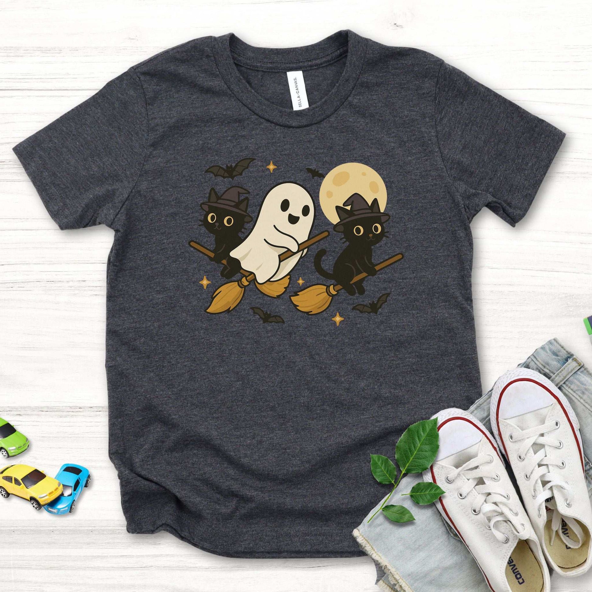 Witchy Ghost & Black Cats Youth Tee – Moonlit Broomstick Mischief Shirt