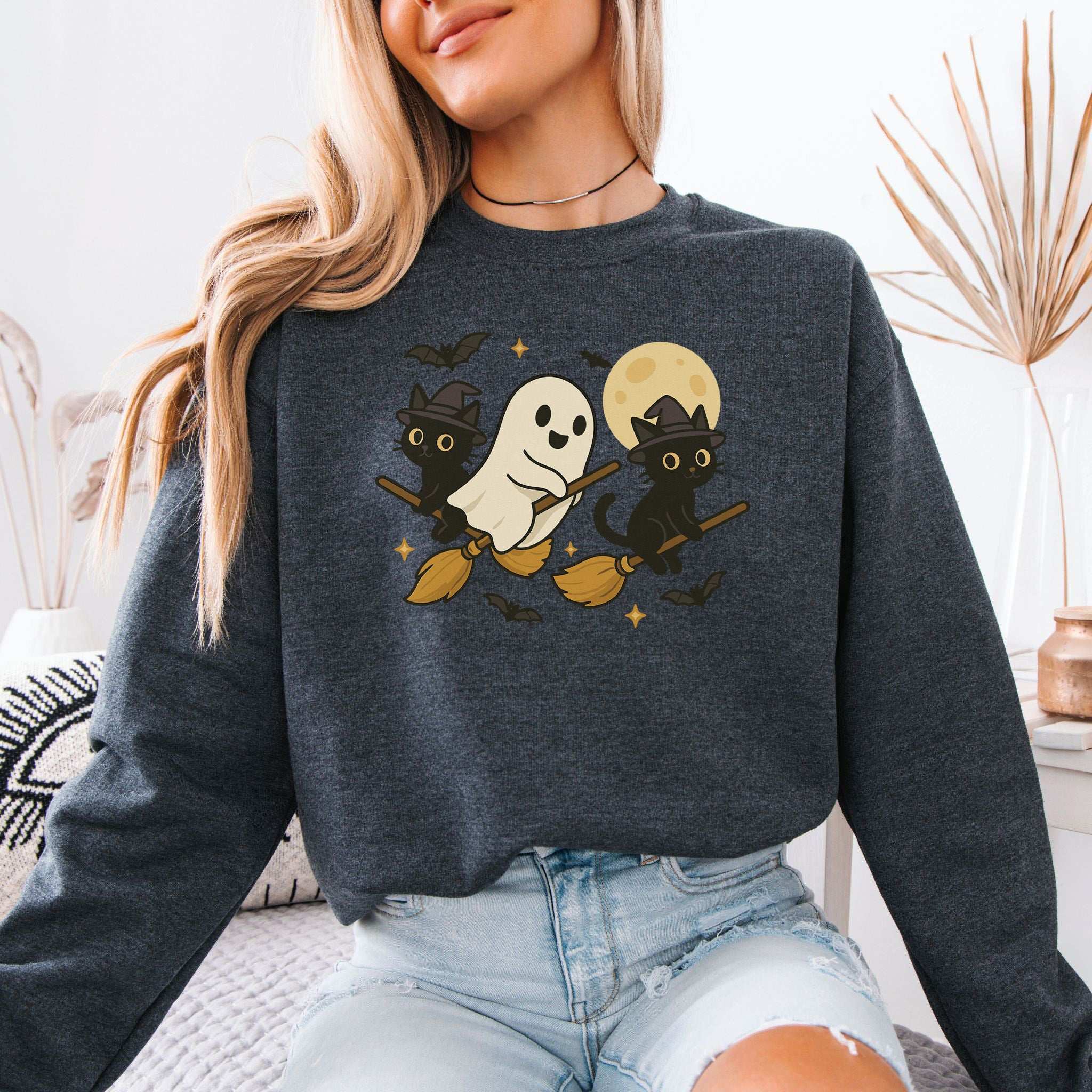 Witchy Ghost & Black Cats Sweatshirt – Moonlit Broomstick Mischief Vibes