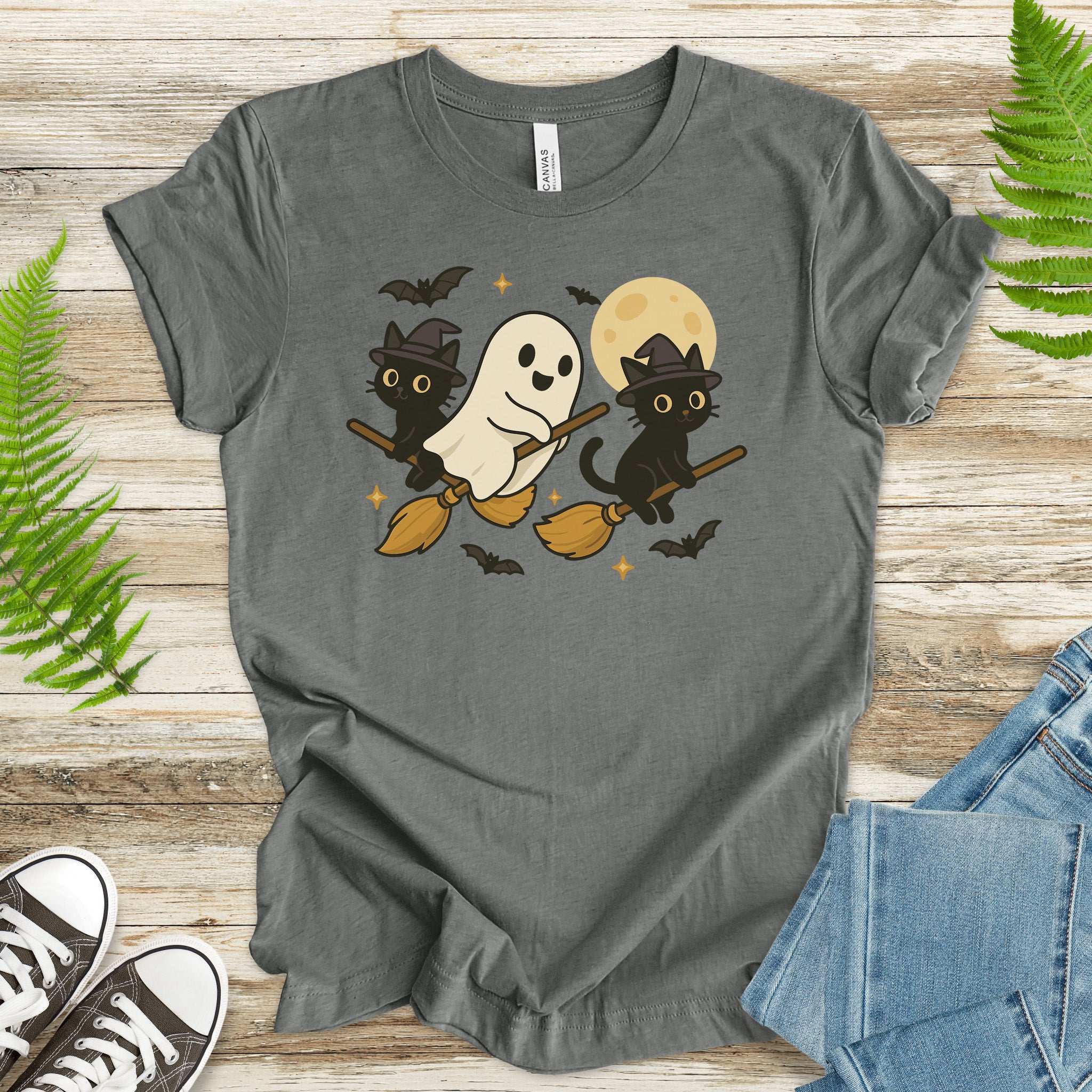 Witchy Ghost & Black Cats T-Shirt – Moonlit Broomstick Mischief Tee