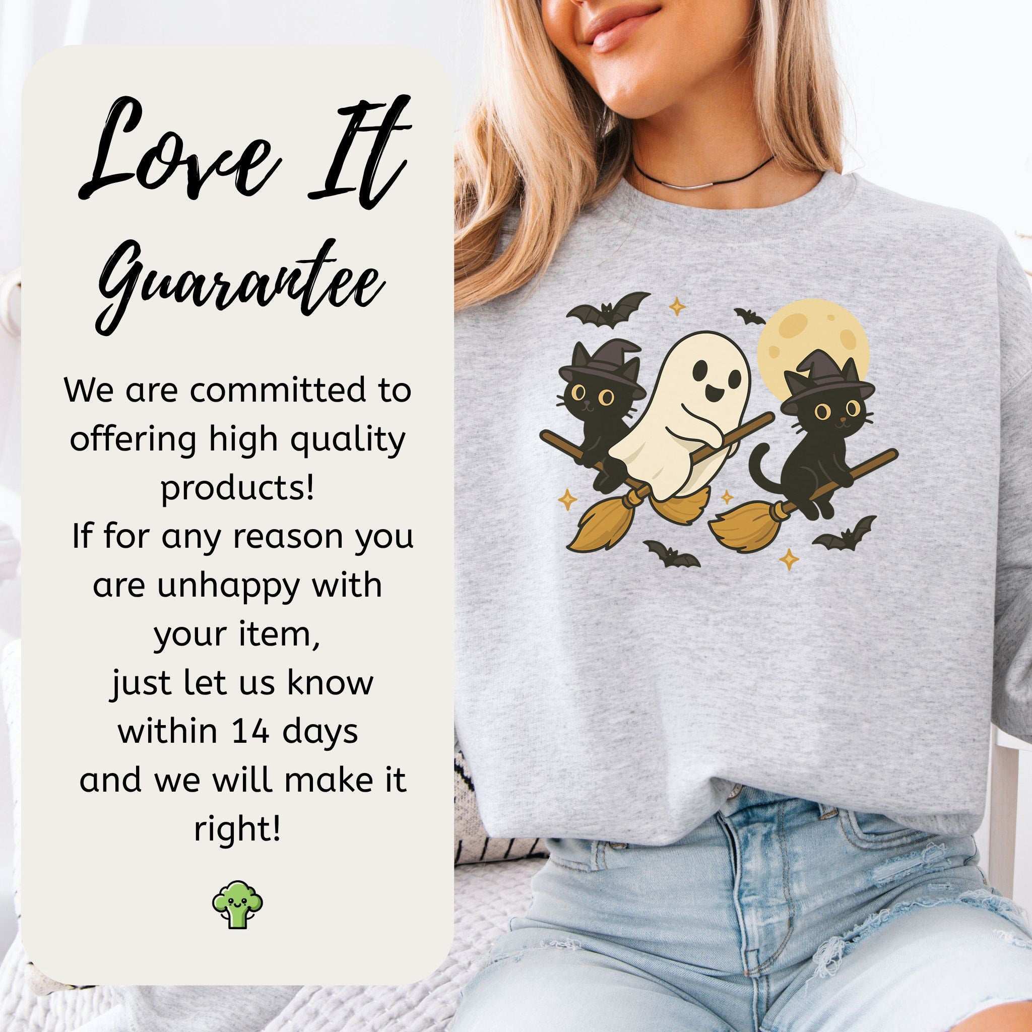 Witchy Ghost & Black Cats Sweatshirt – Moonlit Broomstick Mischief Vibes