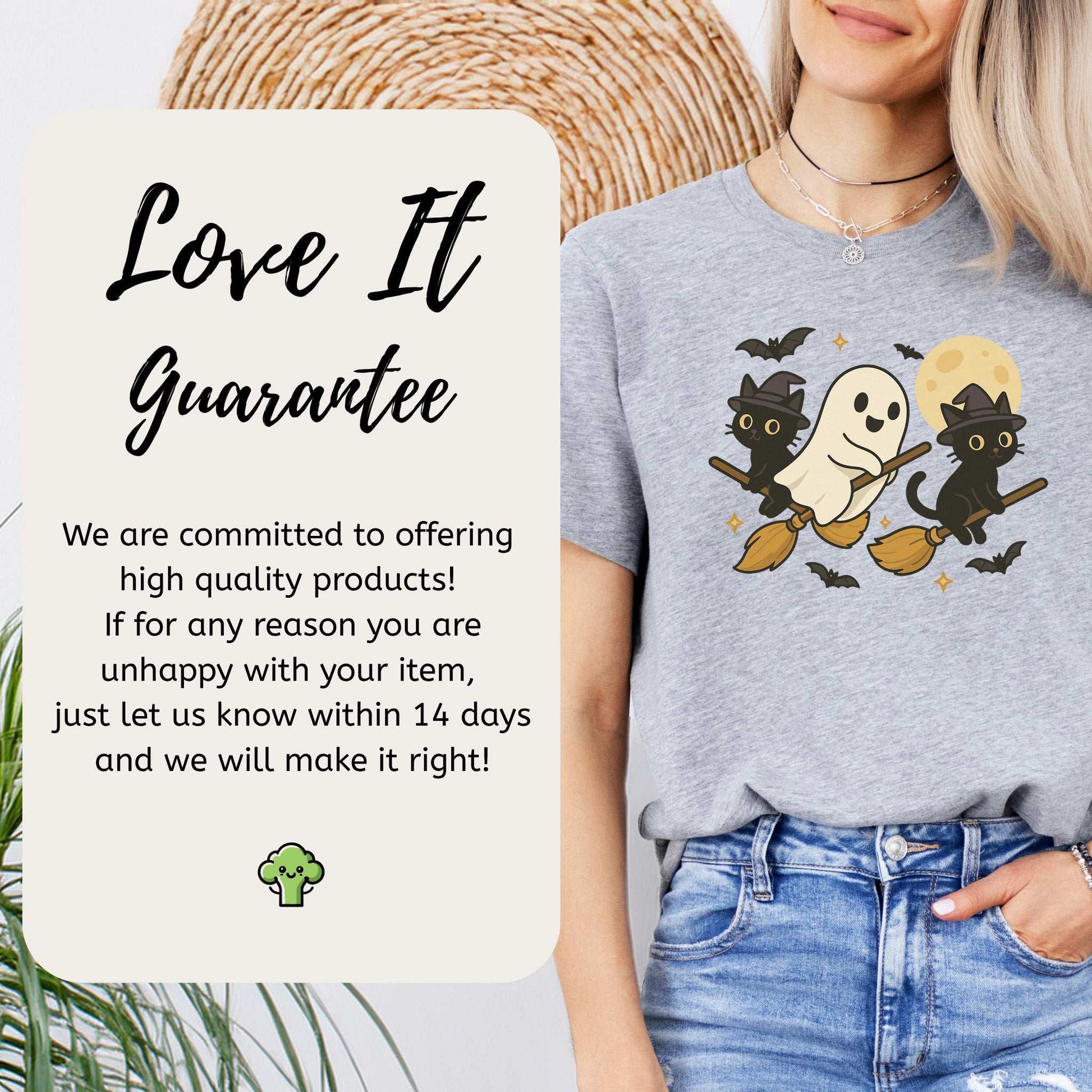 Witchy Ghost & Black Cats T-Shirt – Moonlit Broomstick Mischief Tee