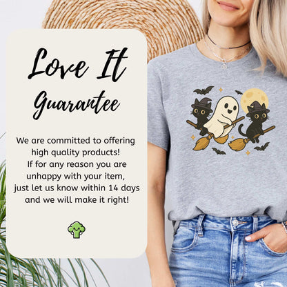 Witchy Ghost & Black Cats T-Shirt – Moonlit Broomstick Mischief Tee
