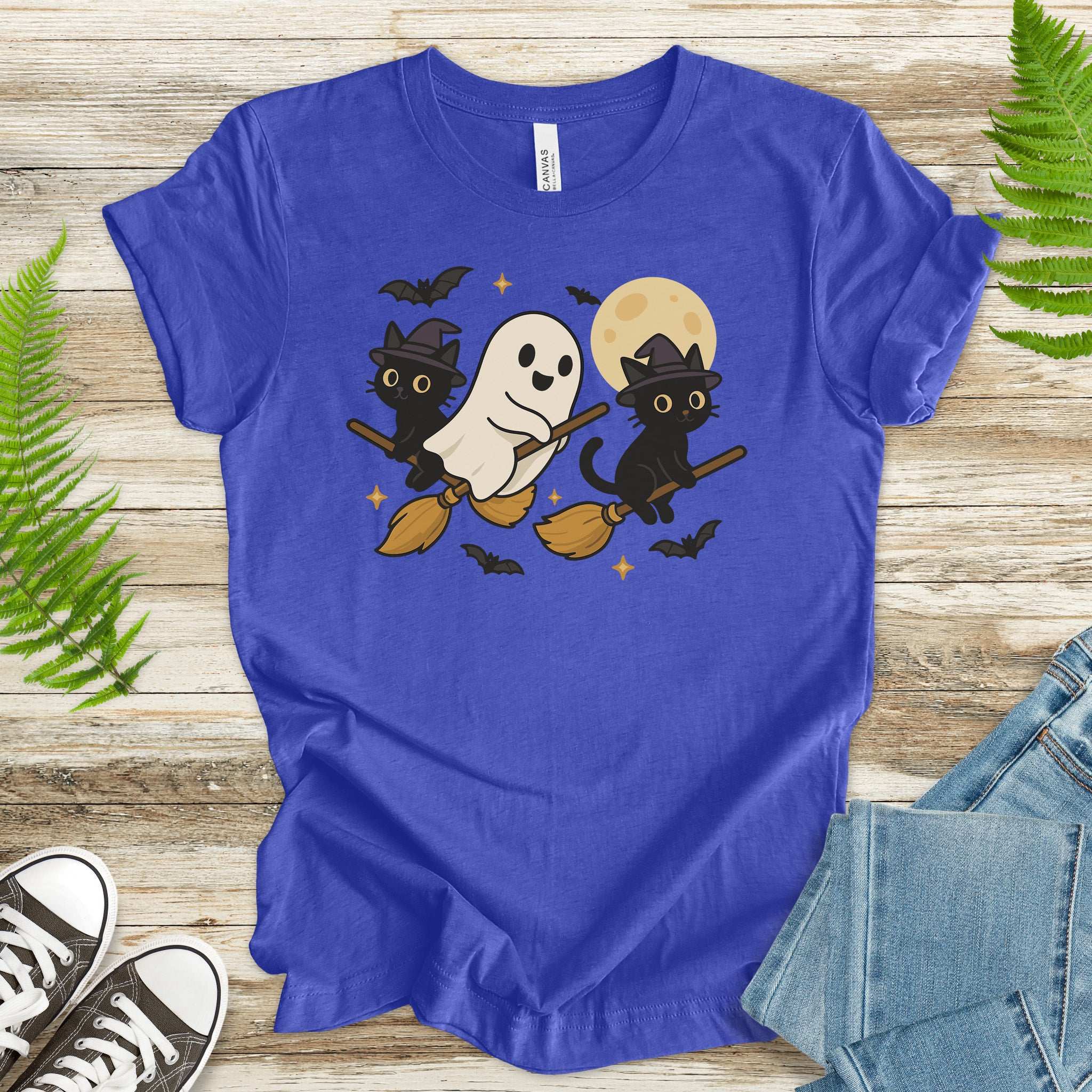 Witchy Ghost & Black Cats T-Shirt – Moonlit Broomstick Mischief Tee