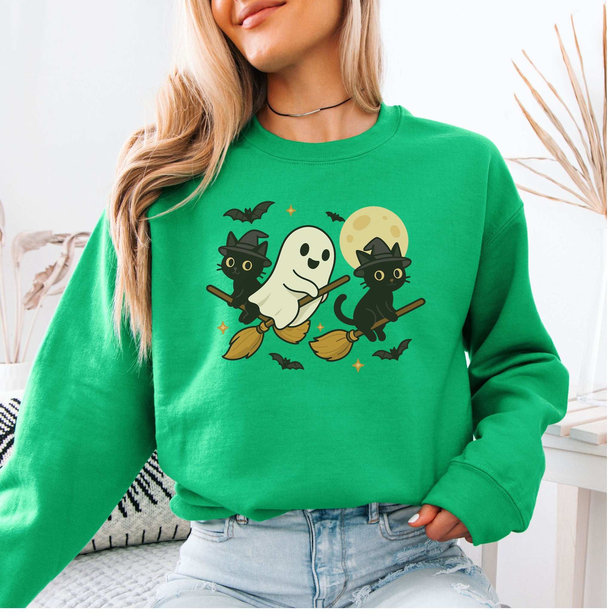 Witchy Ghost & Black Cats Sweatshirt – Moonlit Broomstick Mischief Vibes