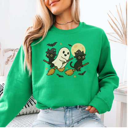 Witchy Ghost & Black Cats Sweatshirt – Moonlit Broomstick Mischief Vibes