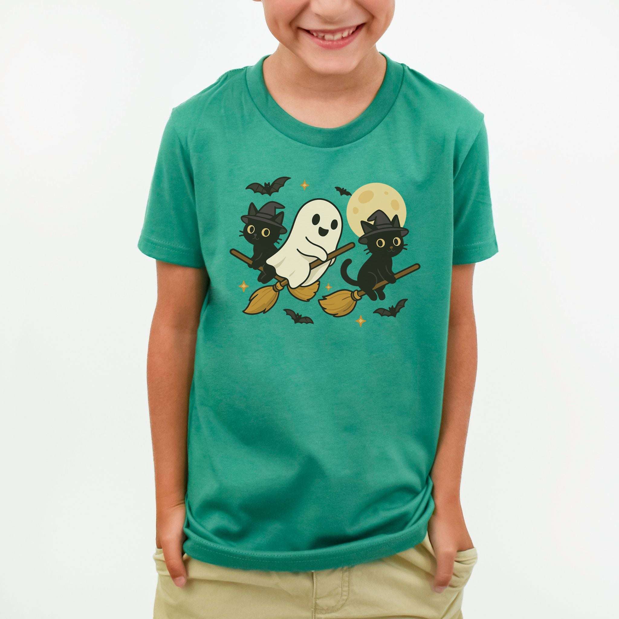 Witchy Ghost & Black Cats Youth Tee – Moonlit Broomstick Mischief Shirt