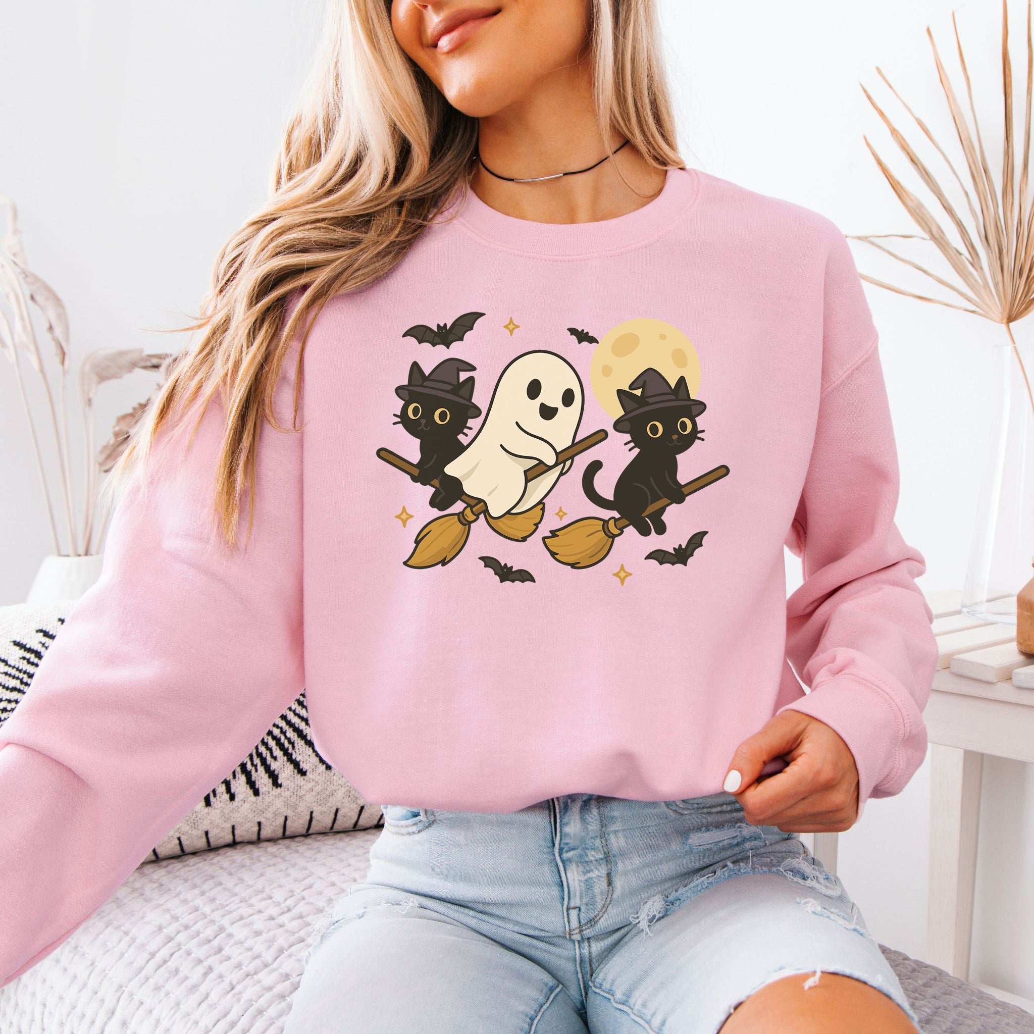 Witchy Ghost & Black Cats Sweatshirt – Moonlit Broomstick Mischief Vibes