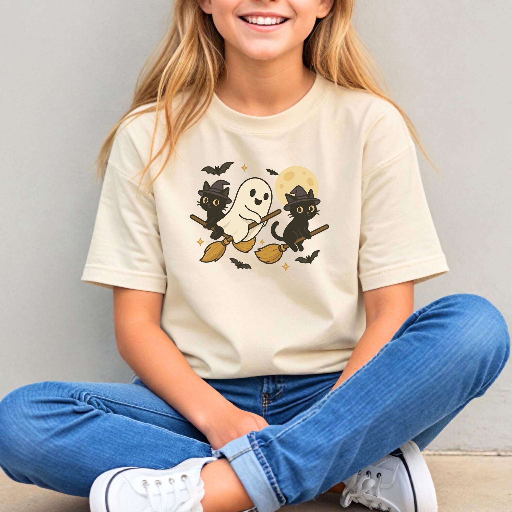 Witchy Ghost & Black Cats Youth Tee – Moonlit Broomstick Mischief Shirt