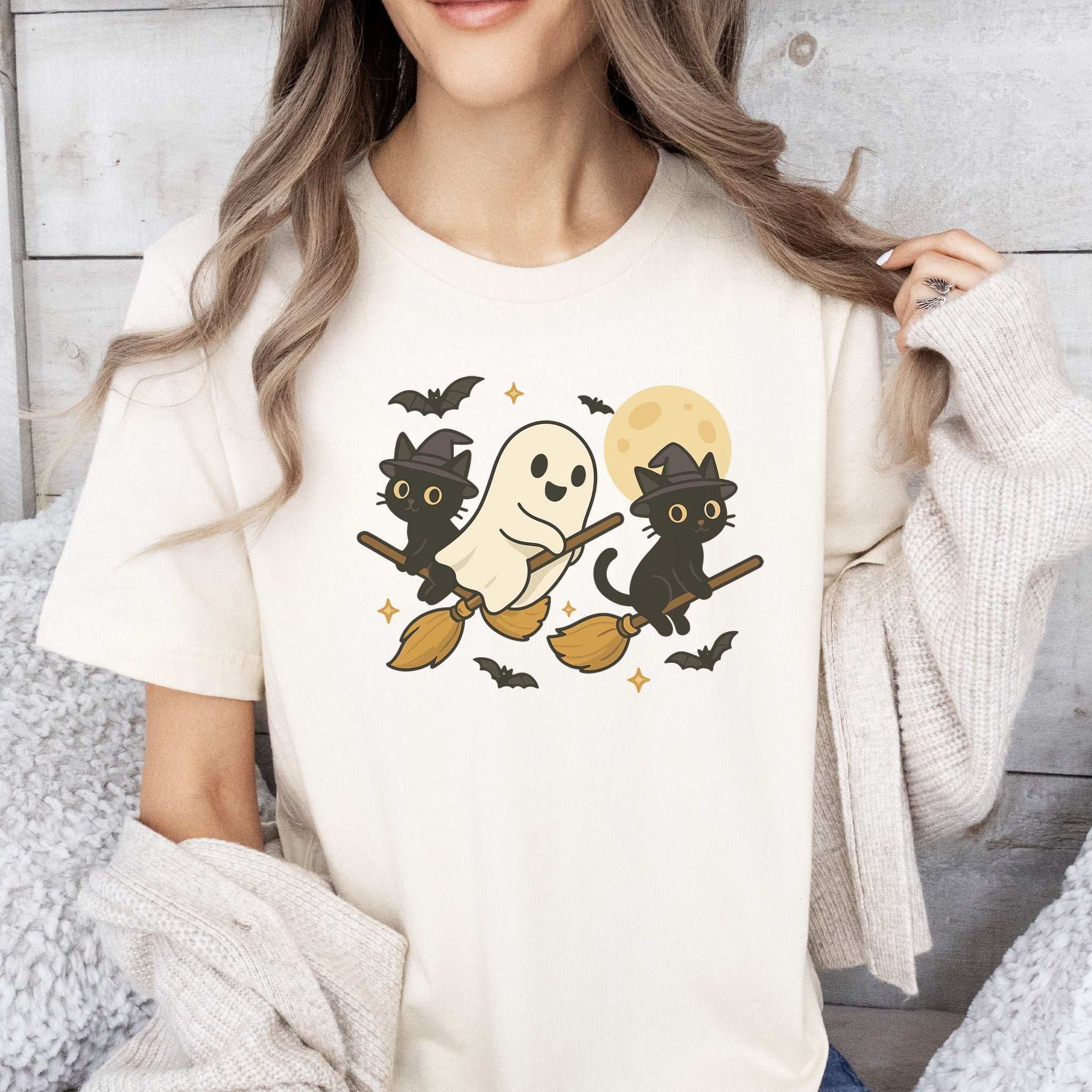 Witchy Ghost & Black Cats T-Shirt – Moonlit Broomstick Mischief Tee